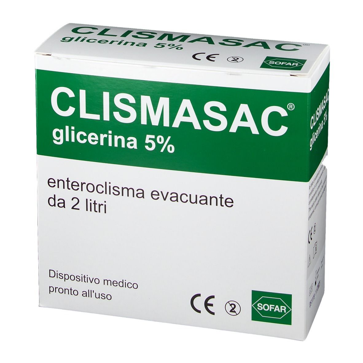 Scatola di CLISMASAC Glicerina 5%. Cartone bianco con testo verde. Contiene soluzione per enteroclisma.