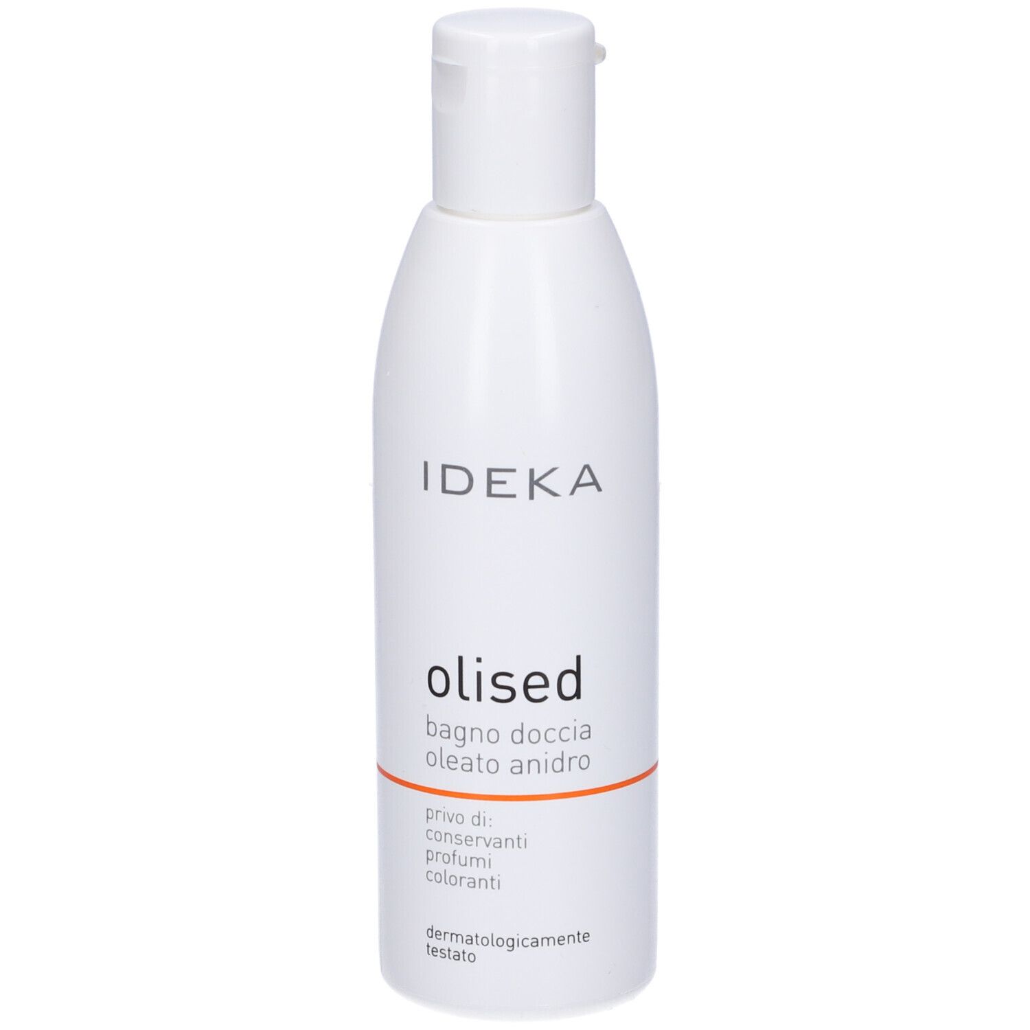 Flacone bianco con tappo a ribalta. Nome e logo del prodotto. Striscia arancione. Dermatologicamente testato.