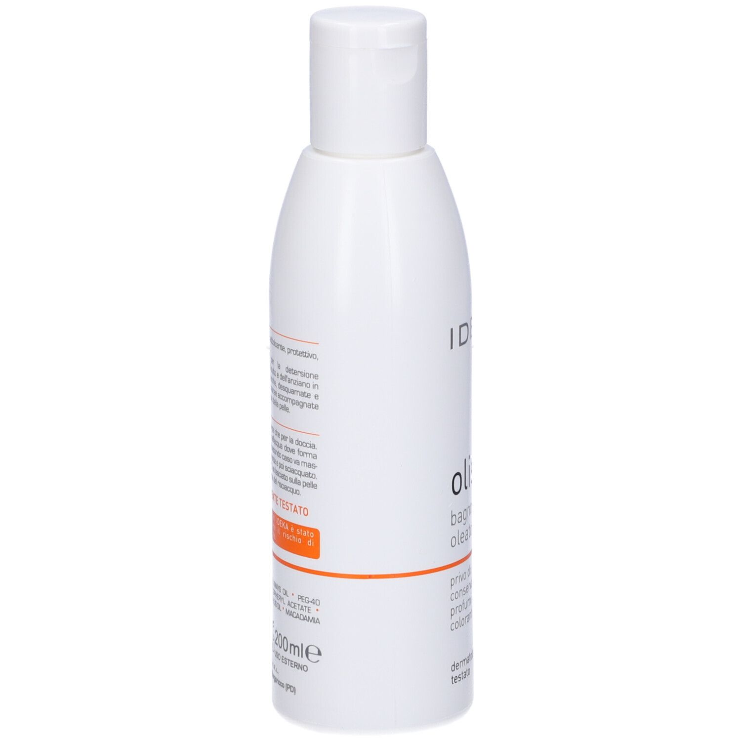 Flacone bianco con tappo a ribalta. Nome e logo del prodotto. Striscia arancione. Dermatologicamente testato.