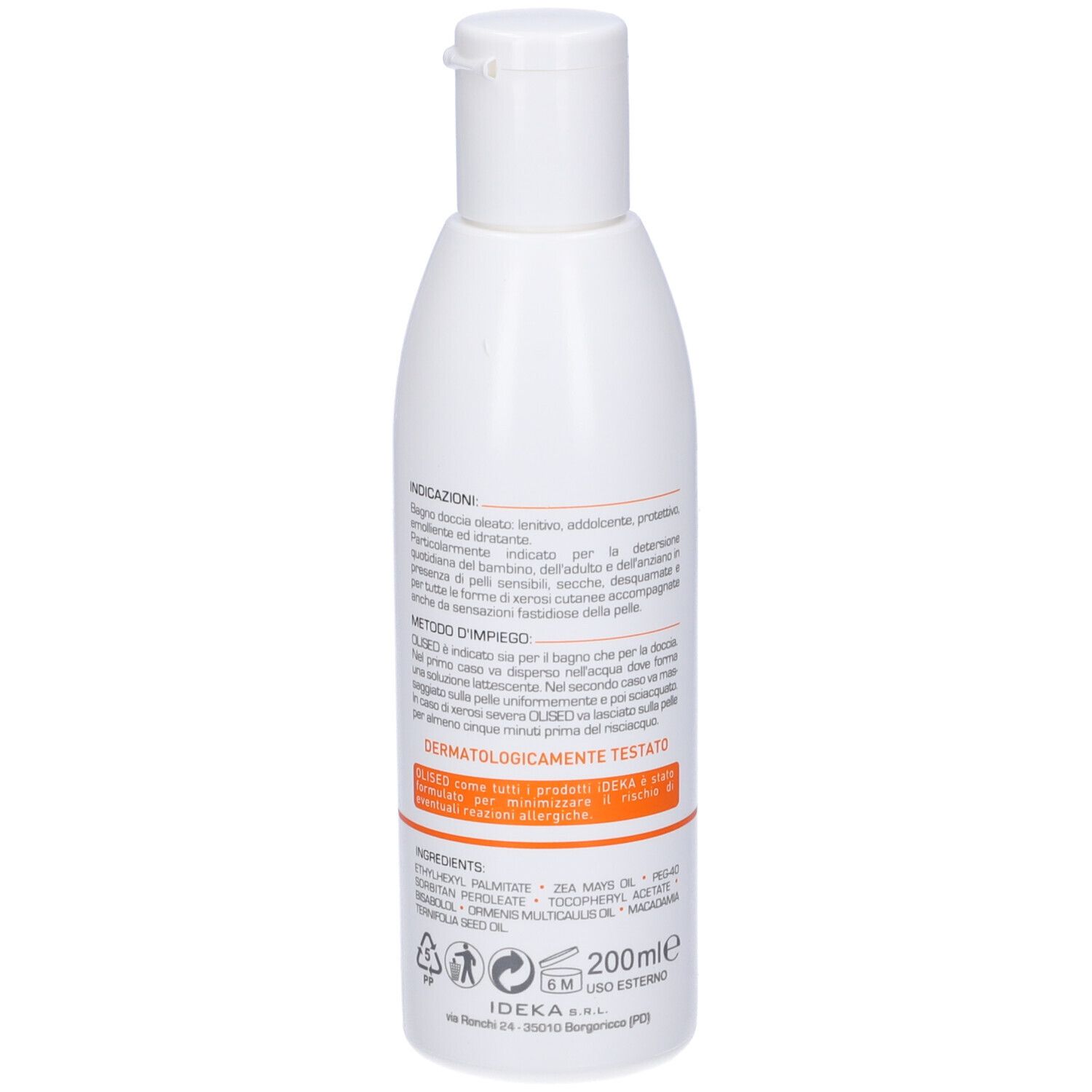 Flacone bianco con tappo a ribalta. Nome e logo del prodotto. Striscia arancione. Dermatologicamente testato.