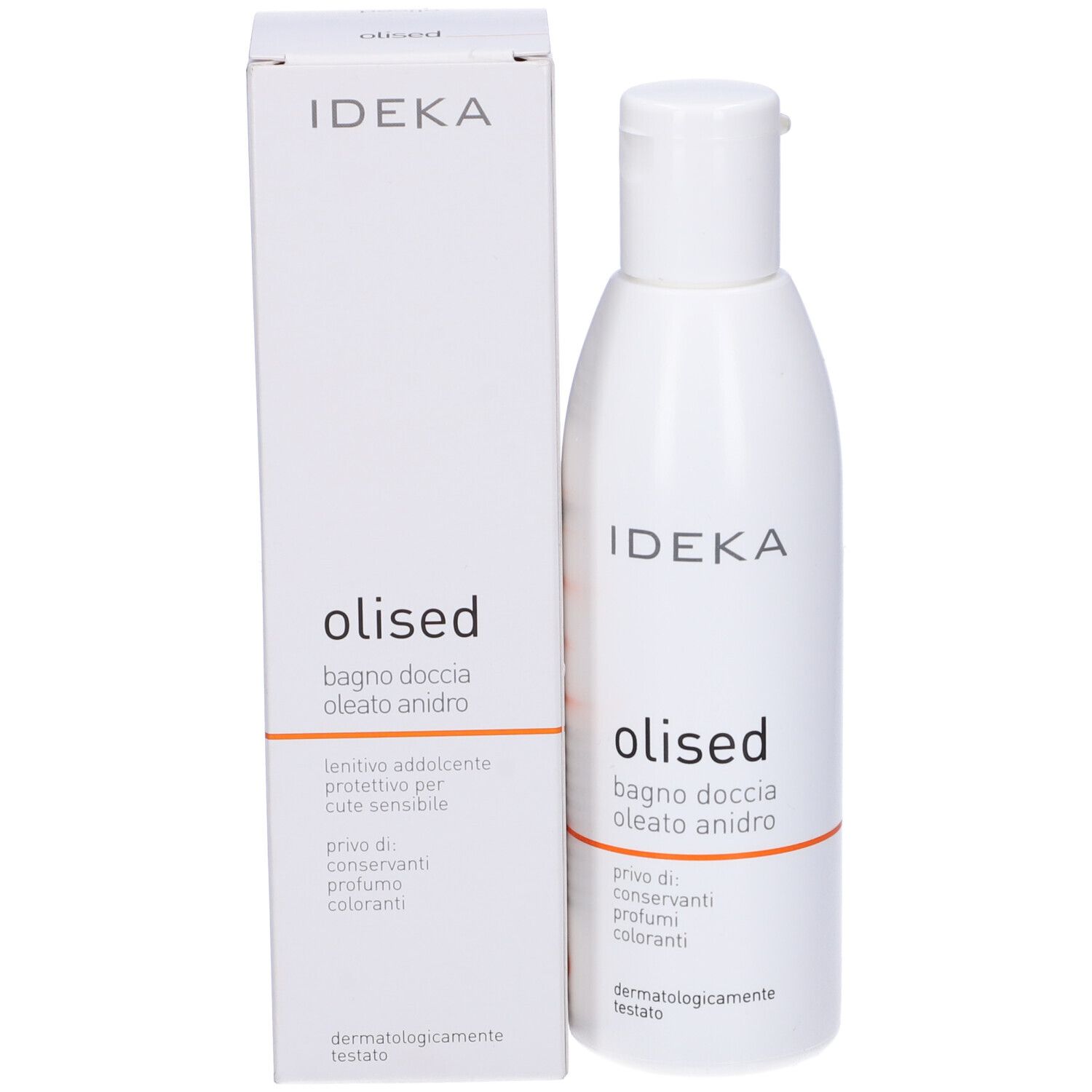 Flacone bianco e scatola. Nome e logo del prodotto. Striscia arancione. Dermatologicamente testato.