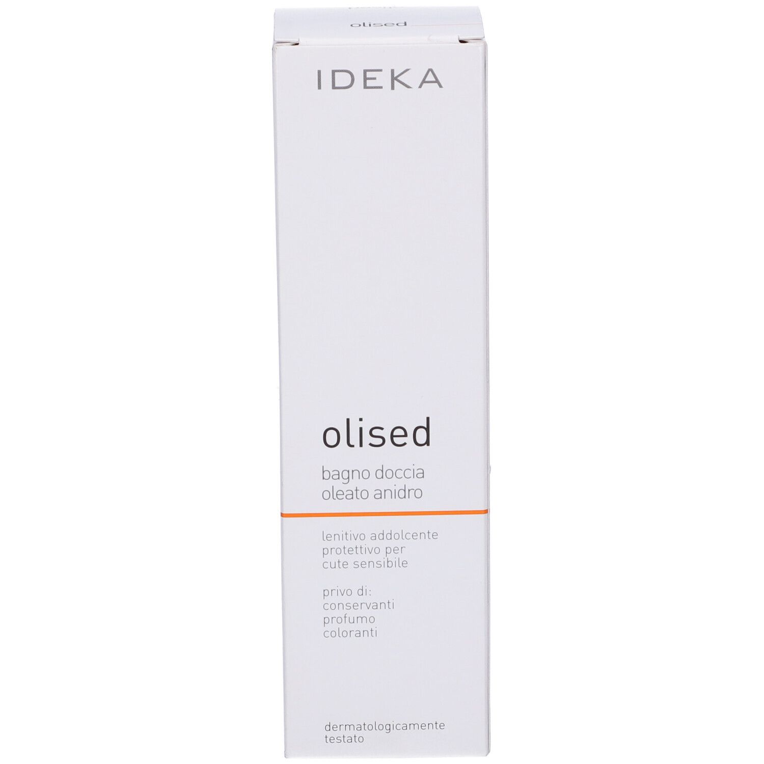 Confezione in cartone con nome e logo del prodotto. Accenti arancioni. Forma rettangolare.