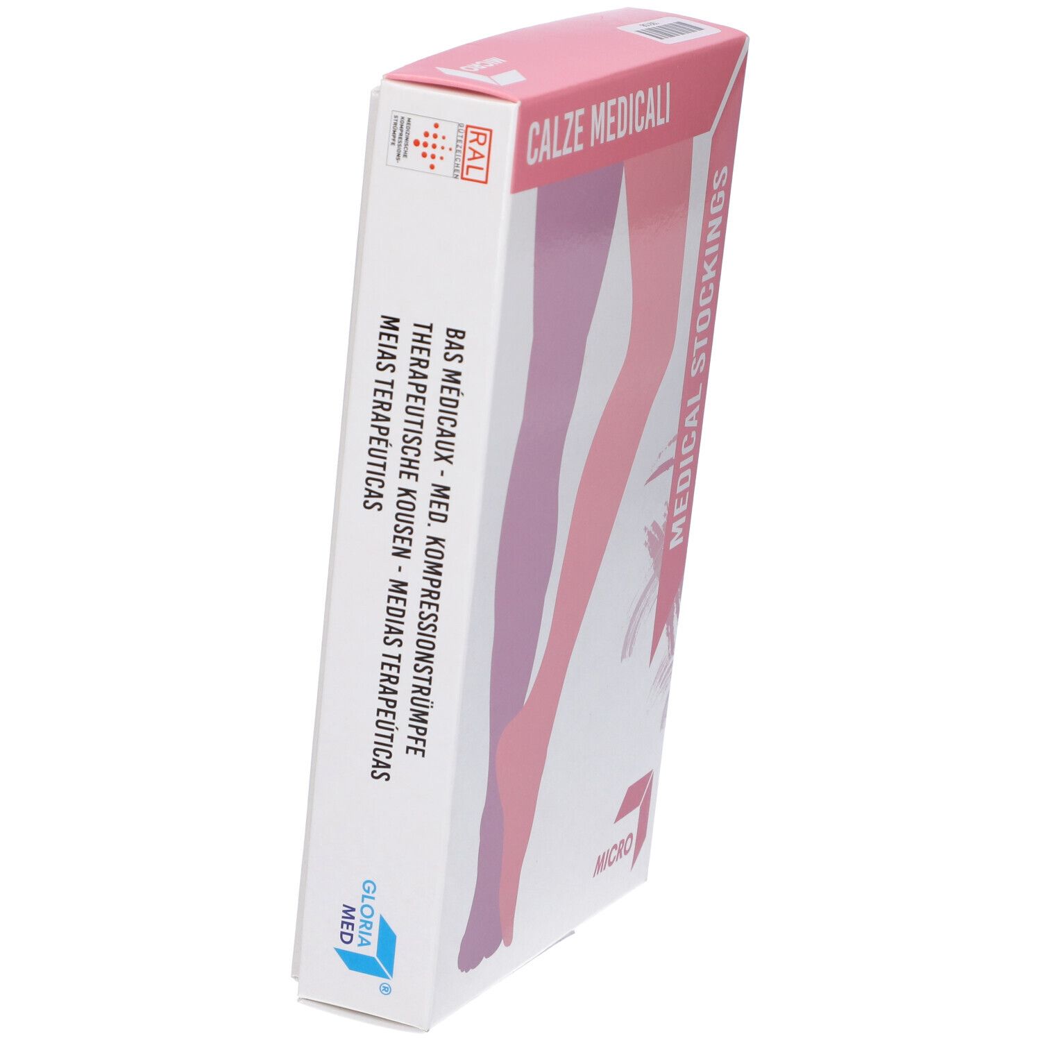 Scatola di calze medicali. Testo in più lingue. Testo: MEDICAL STOCKINGS, BAS MEDICAUX, MEDIAS TERAPEUTICAS, GLORIA MED.