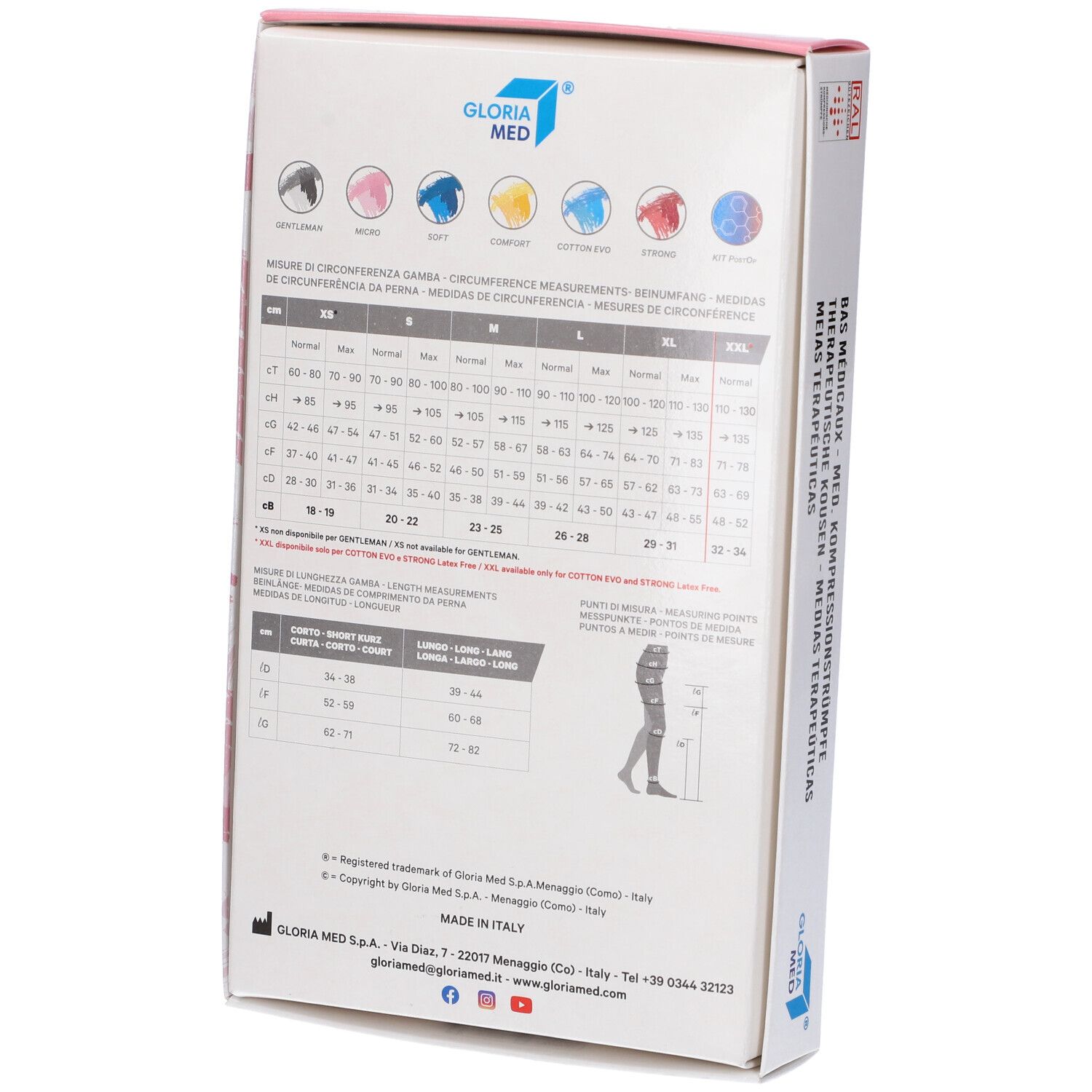 Retro della scatola di calze medicali. Tabelle con misure. Testo: GLORIA MED, BAS MEDICAUX, MEDIAS TERAPEUTICAS.