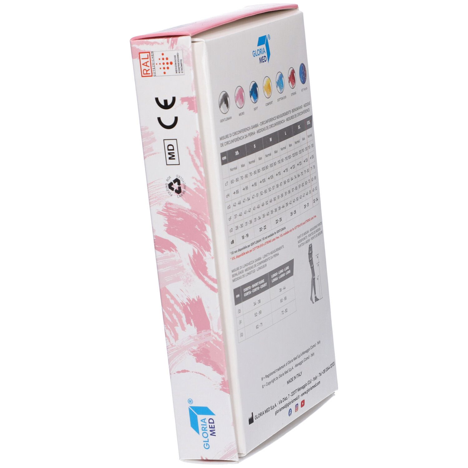 Lato della scatola di calze medicali. Testo e simboli. Testo: CE, MD, RAL. GLORIA MED.