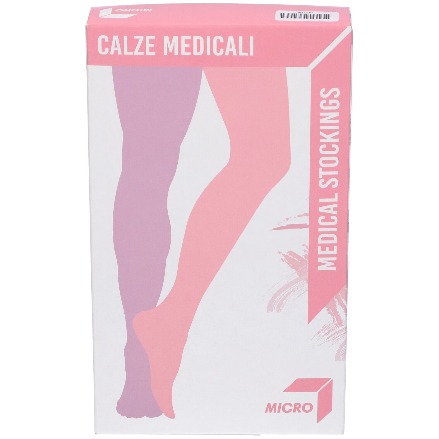 Scatola di calze medicali. Scatola rosa e bianca con illustrazione di gambe. Testo: CALZE MEDICALI, MEDICAL STOCKINGS, MICRO.