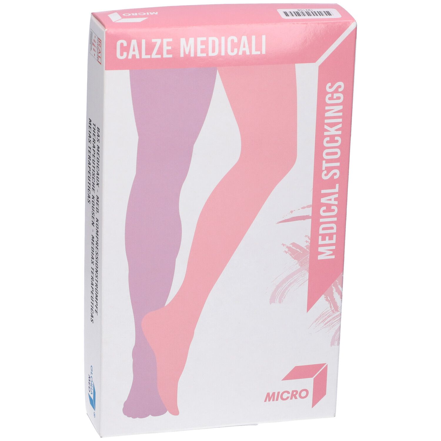 Scatola di calze medicali. Scatola rosa e bianca con illustrazione di gambe. Testo: CALZE MEDICALI, MEDICAL STOCKINGS, MICRO.