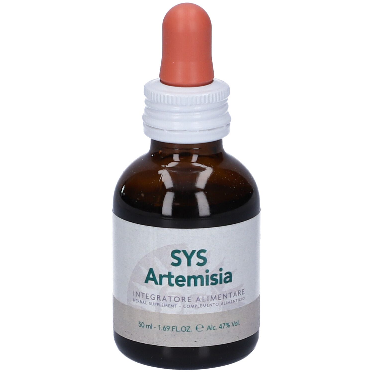 Flacone di vetro marrone con contagocce. Etichetta: SYS Artemisia, integratore alimentare.
