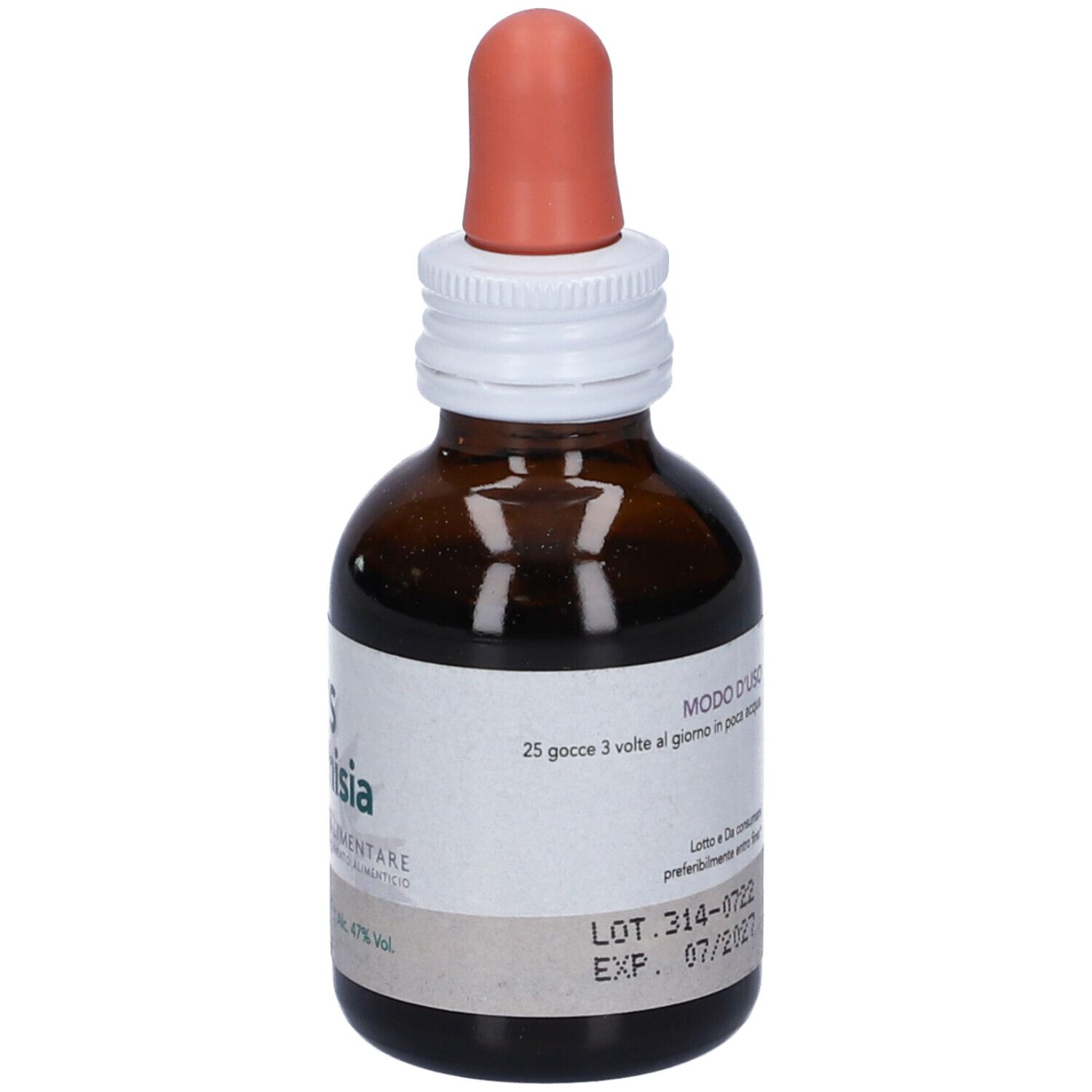 Flacone di vetro marrone con contagocce. Etichetta: SYS Artemisia, integratore alimentare.