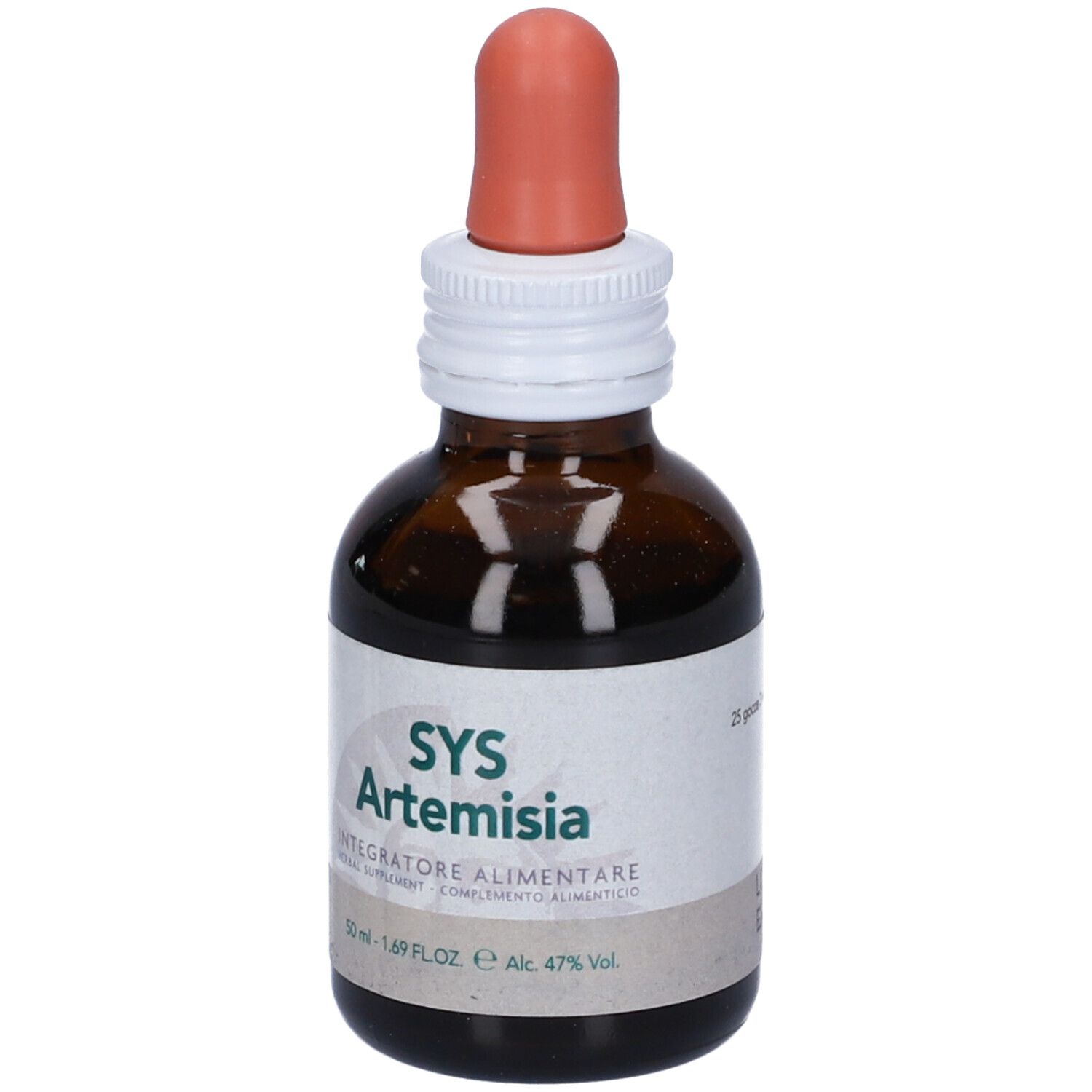 Flacone di vetro marrone con contagocce. Etichetta: SYS Artemisia, integratore alimentare.