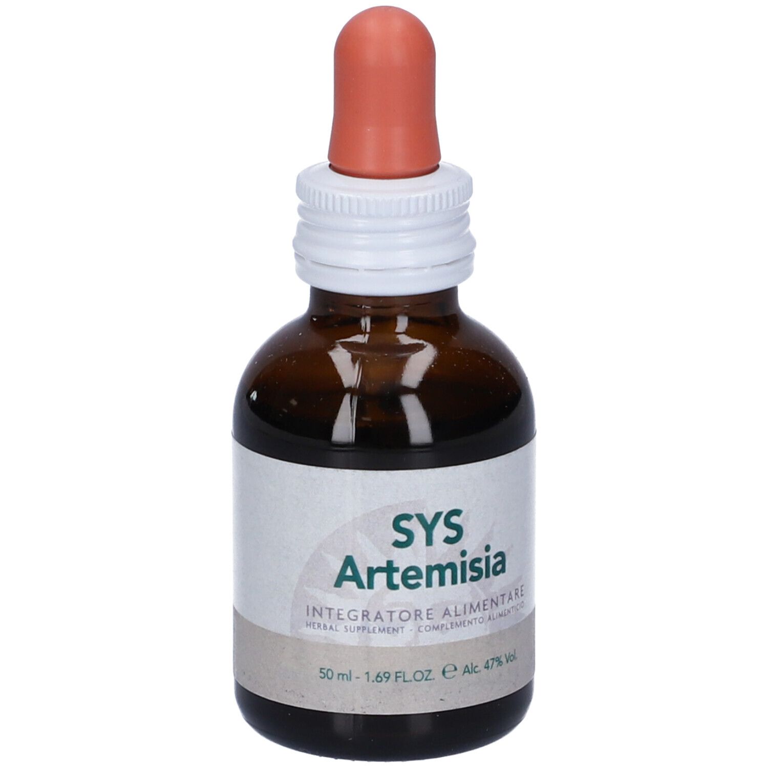Flacone di vetro marrone con contagocce. Etichetta: SYS Artemisia, integratore alimentare.