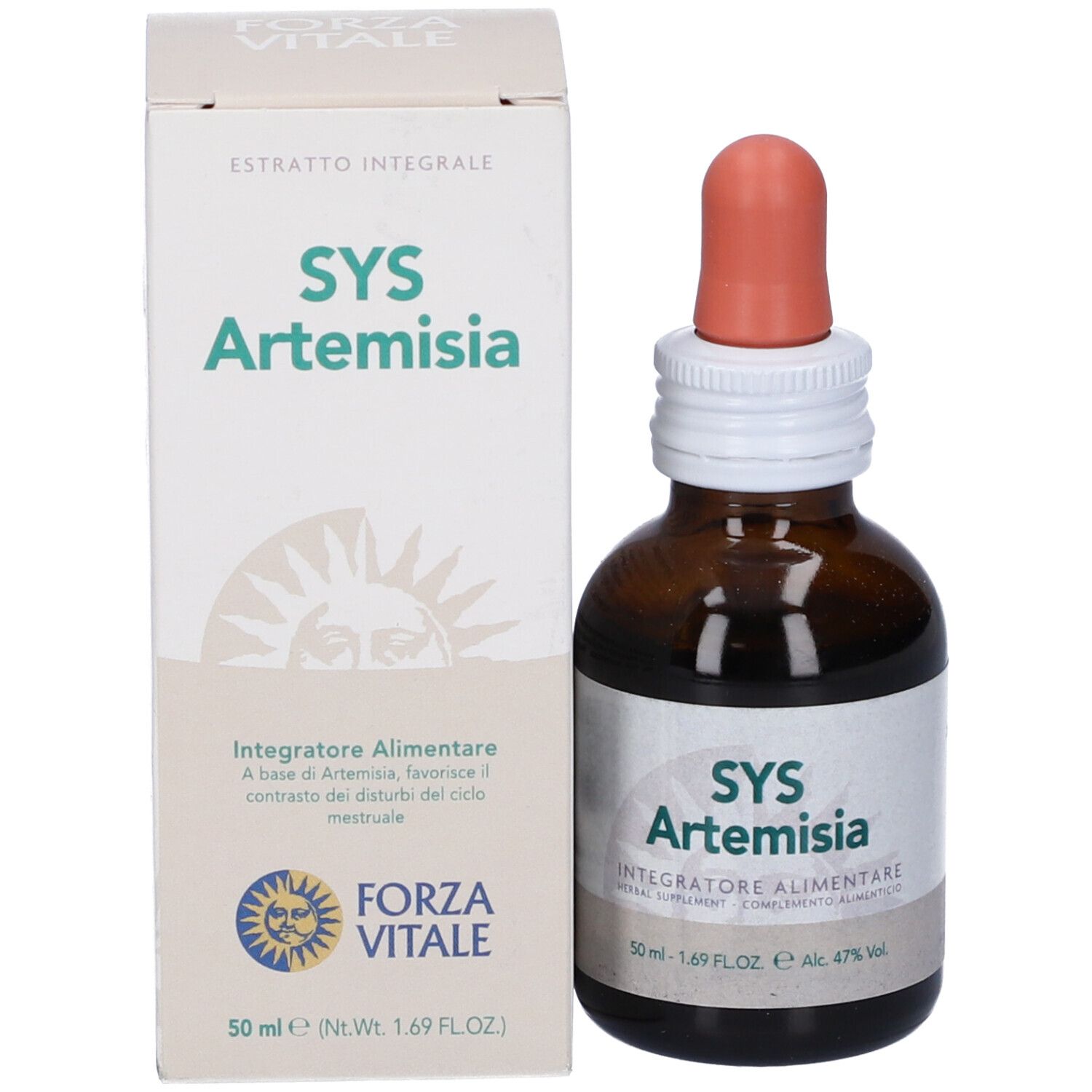 Flacone di vetro marrone con contagocce e scatola. Etichetta: SYS Artemisia, integratore alimentare.
