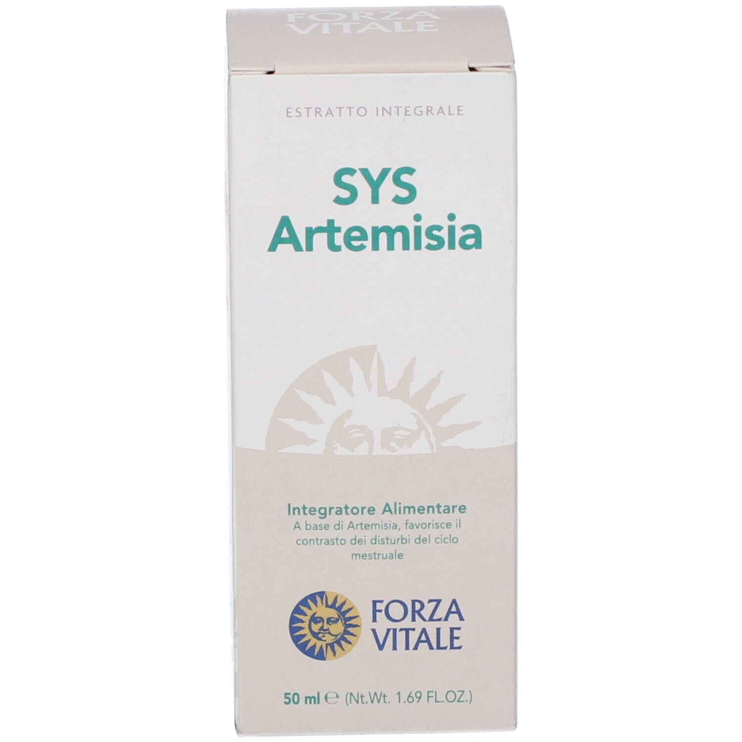 Scatola con etichetta prodotto. Testo: SYS Artemisia. Logo: Sole. Confezione verde e bianca.