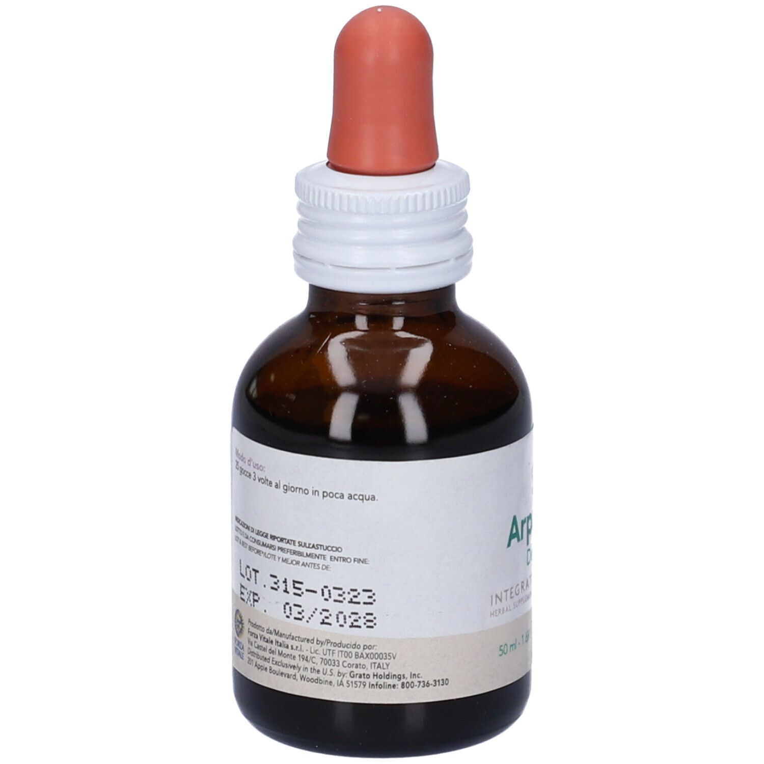 Flacone di vetro marrone con contagocce. Etichetta SYS Arpagofito, Artiglio del diavolo. Tappo bianco e contagocce rosso.