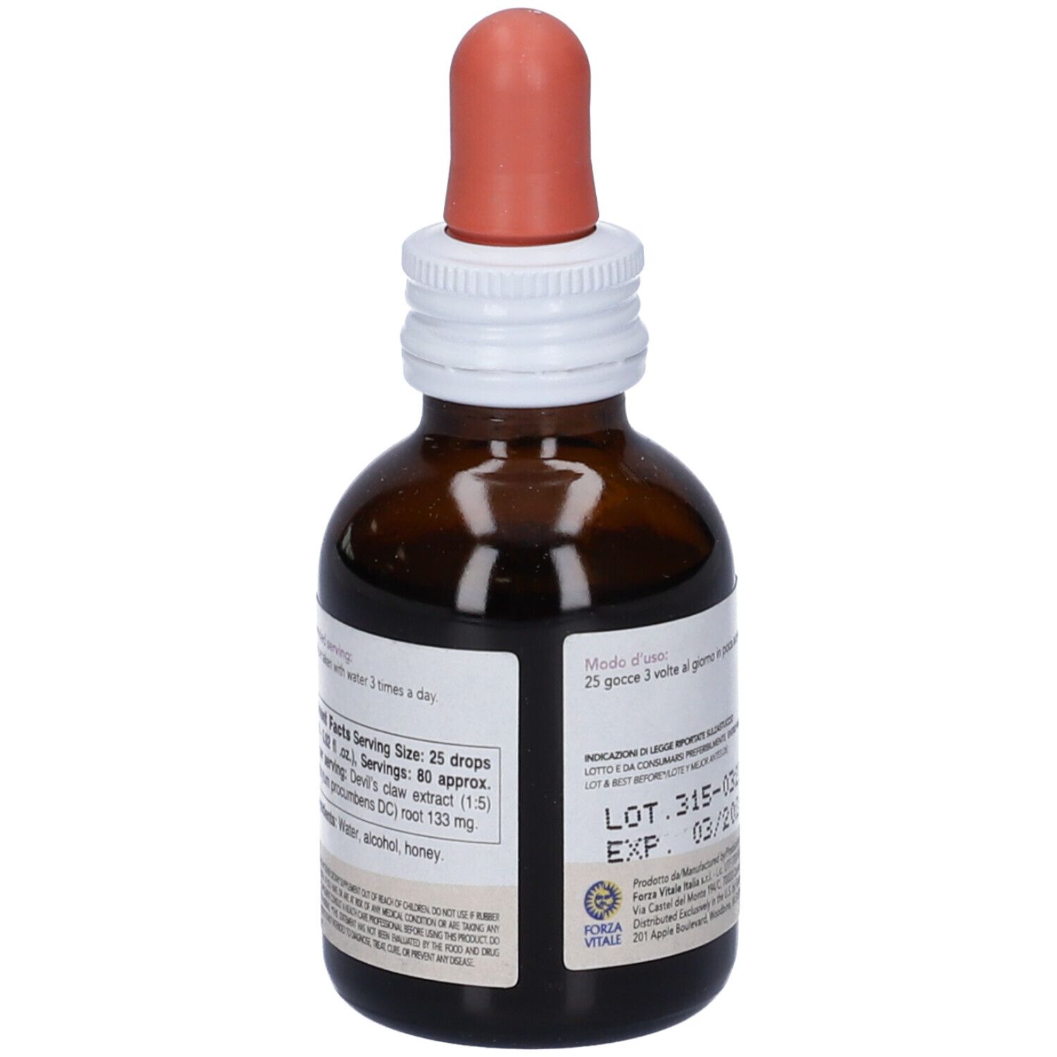 Flacone di vetro marrone con contagocce. Etichetta SYS Arpagofito, Artiglio del diavolo. Tappo bianco e contagocce rosso.