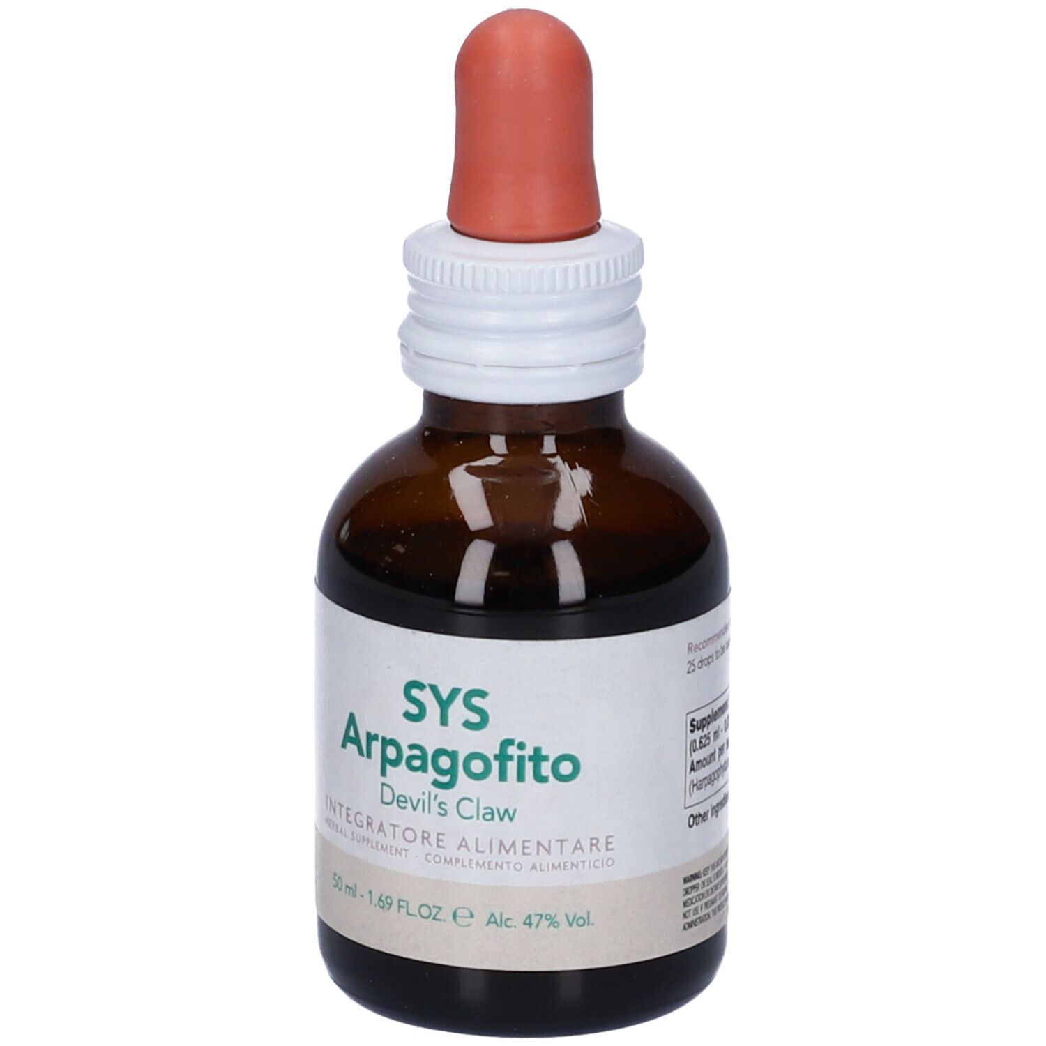 Flacone di vetro marrone con contagocce. Etichetta SYS Arpagofito, Artiglio del diavolo. Tappo bianco e contagocce rosso.