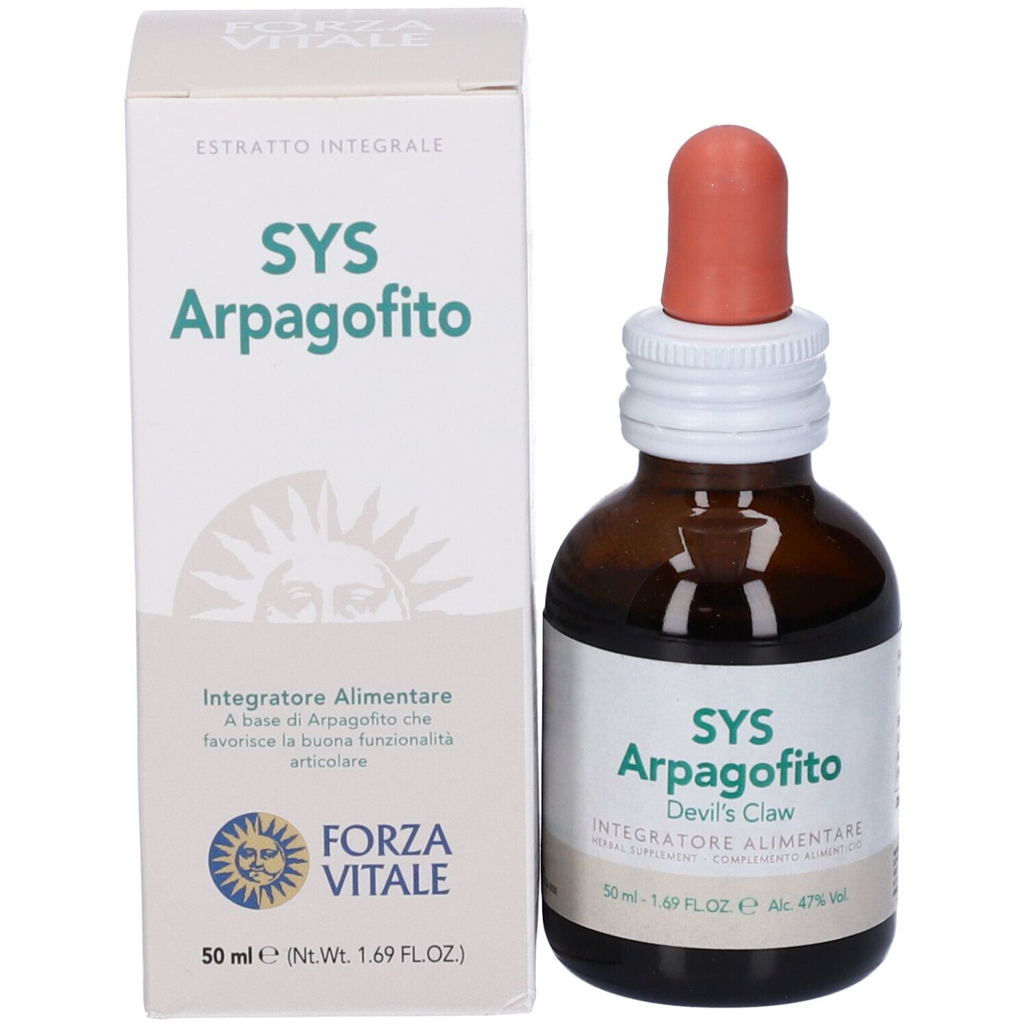 Flacone di vetro marrone con contagocce e scatola. Scatola SYS Arpagofito, Artiglio del diavolo. Flacone con tappo bianco e contagocce rosso.