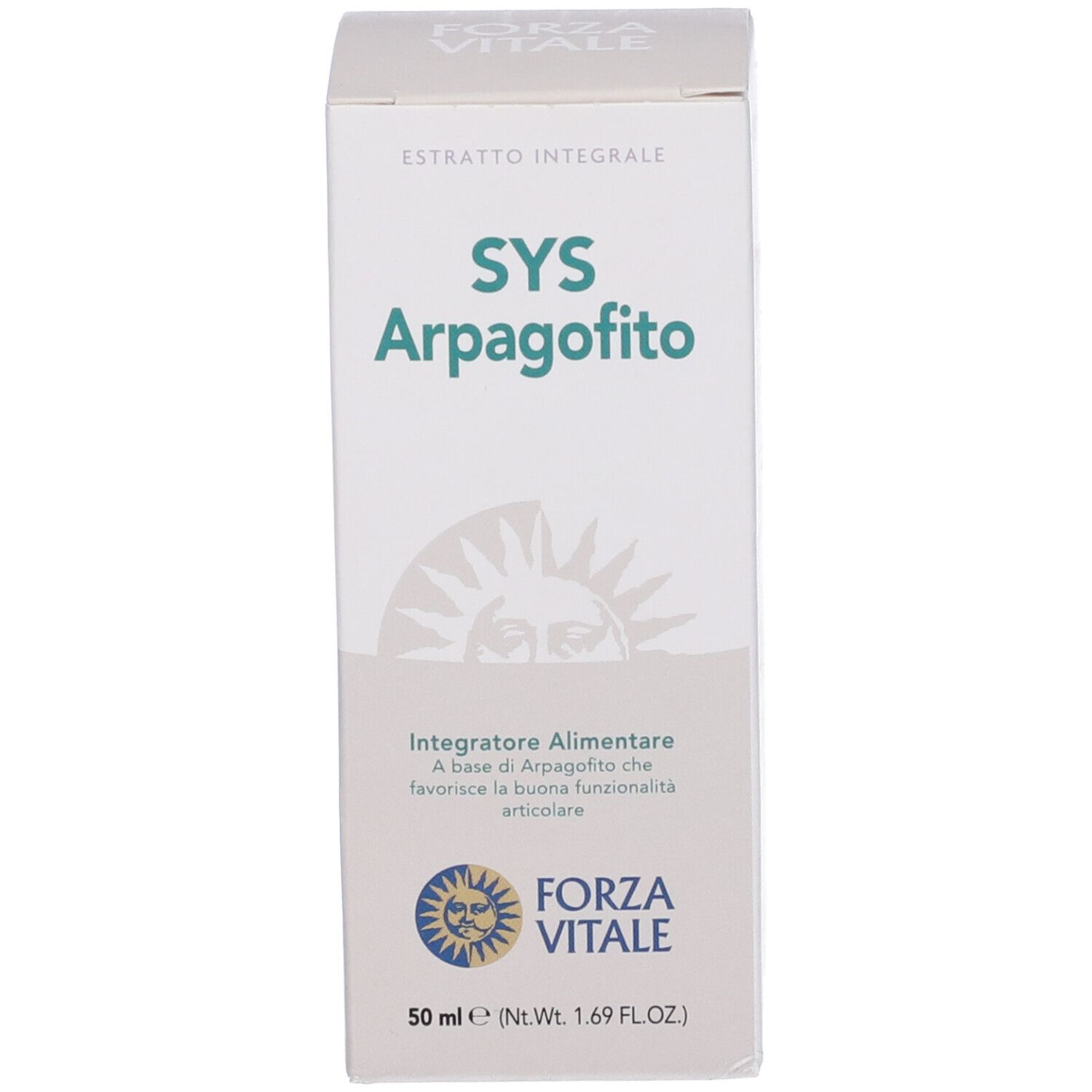 Scatola bianca con SYS Arpagofito, Artiglio del diavolo. Testo e logo. Motivo sole. Scritto: Integratore Alimentare.