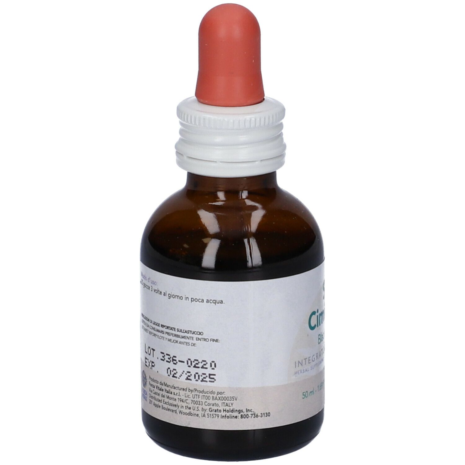 Flacone di vetro marrone con etichetta bianca. Scritta: SYS Cimicifuga, Black Cohosh. Con contagocce. Testo sul retro.