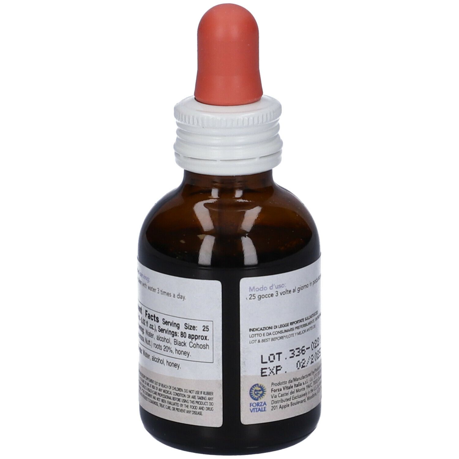 Flacone di vetro marrone con etichetta bianca. Scritta: SYS Cimicifuga, Black Cohosh. Con contagocce. Testo sul retro.