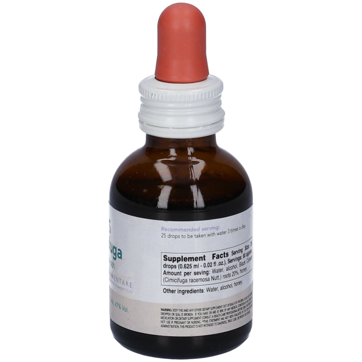 Flacone di vetro marrone con etichetta bianca. Scritta: SYS Cimicifuga, Black Cohosh. Con contagocce. Testo sul retro.