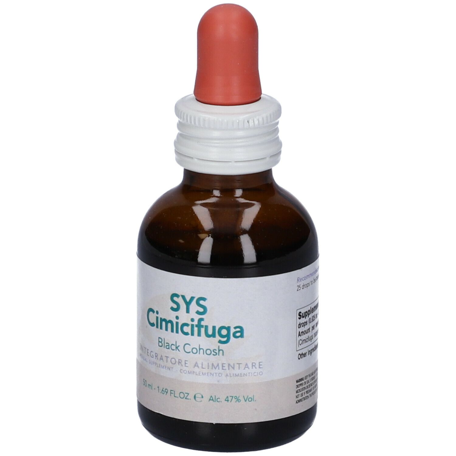 Flacone di vetro marrone con etichetta bianca. Scritta: SYS Cimicifuga, Black Cohosh. Con contagocce.