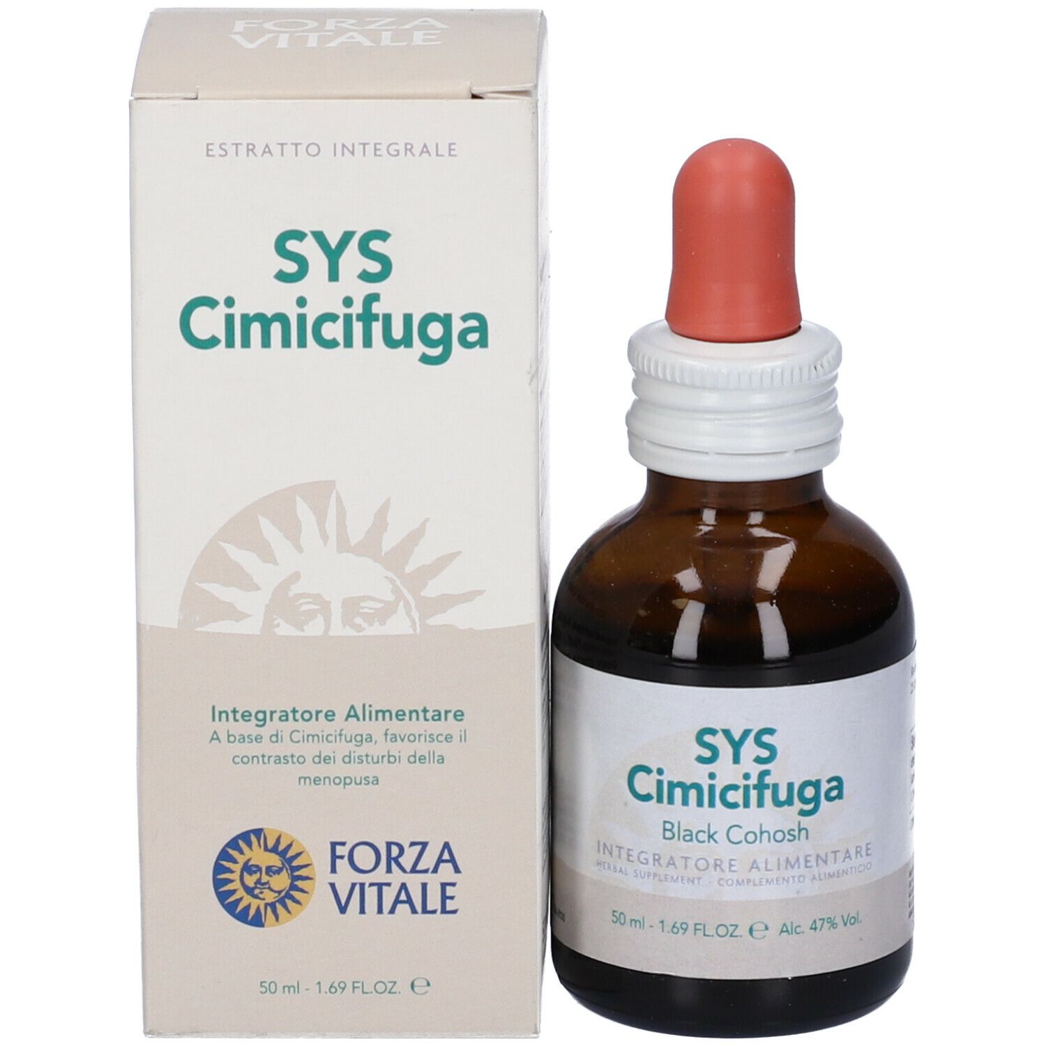 Flacone di vetro marrone con etichetta bianca e scatola. Scritta: SYS Cimicifuga. Con contagocce.