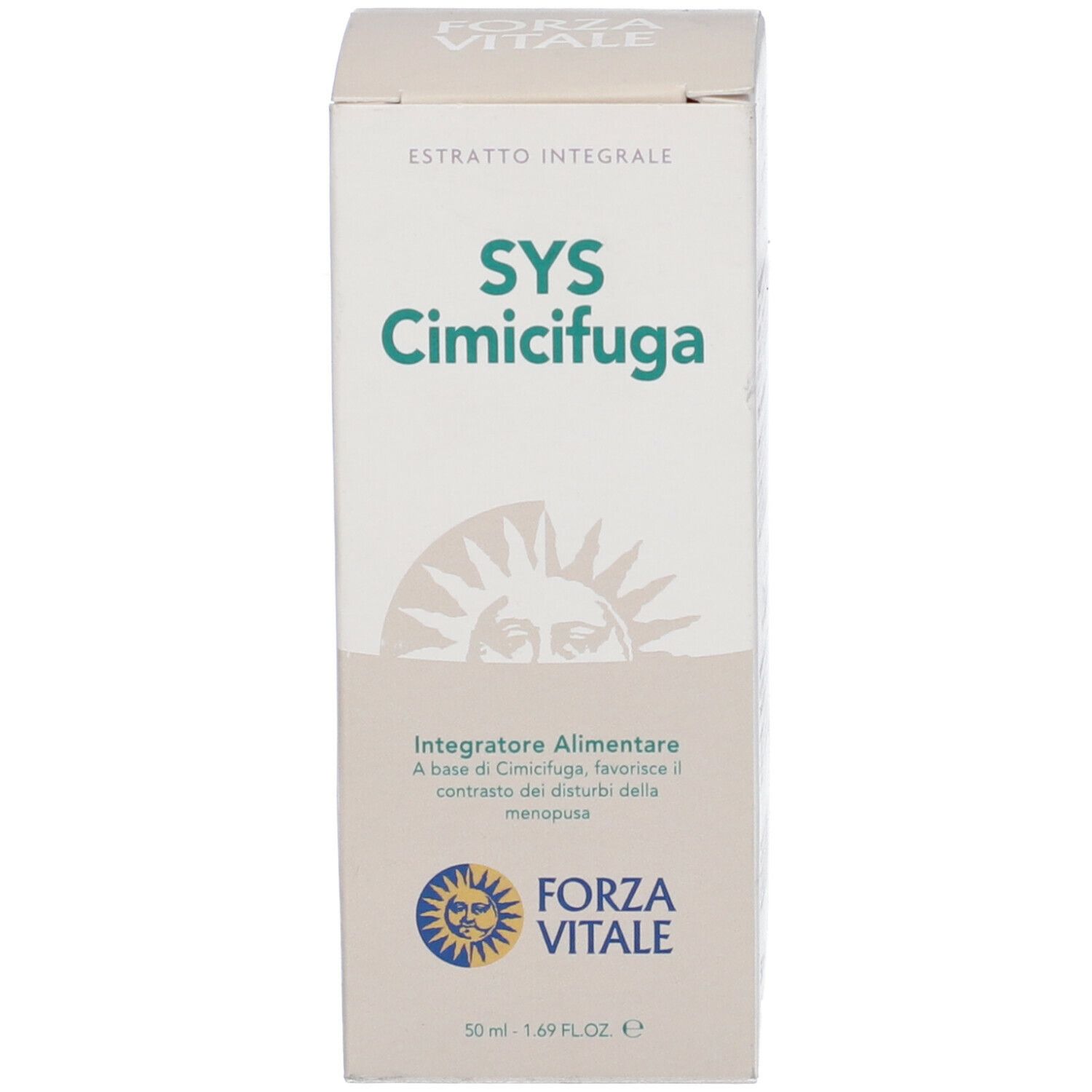 Scatola con scritta: SYS Cimicifuga. Logo: Sole. Testo: Integratore Alimentare.