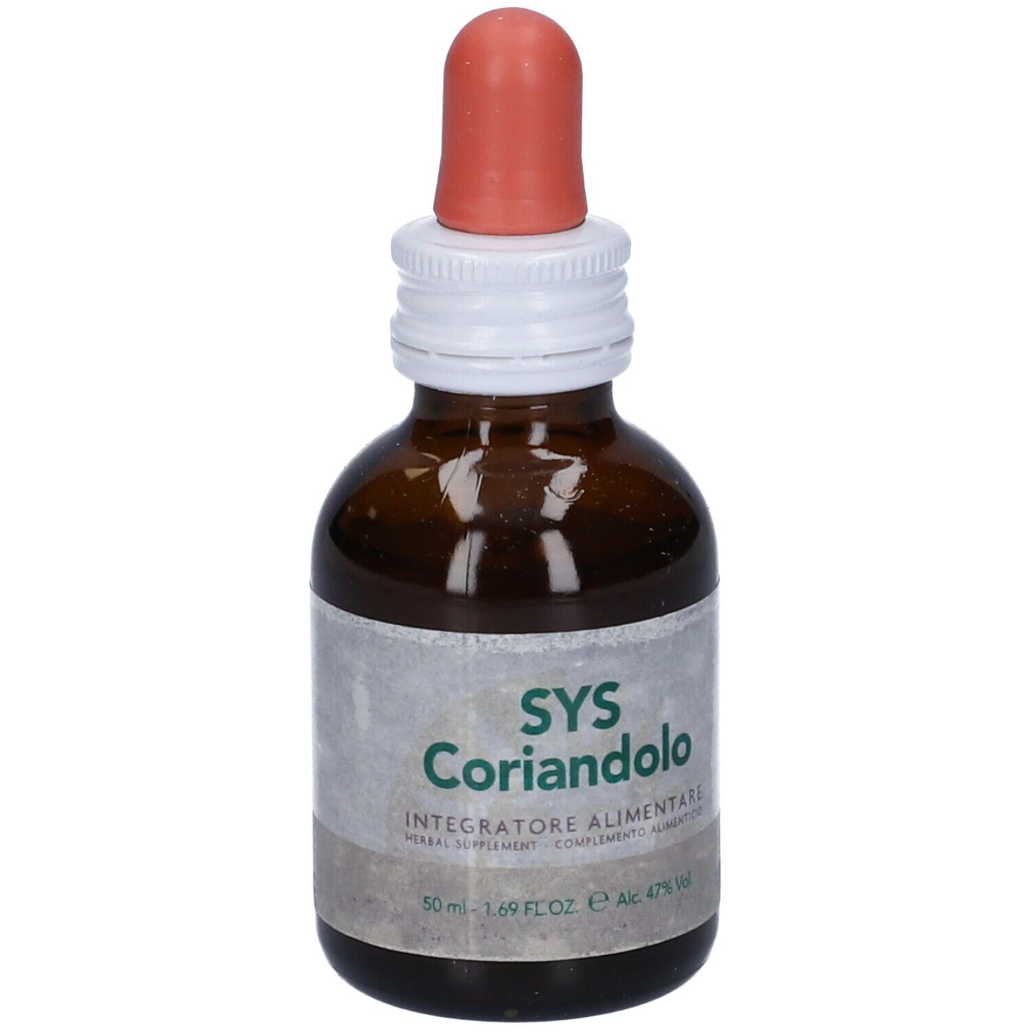 Flacone di vetro marrone con contagocce. SYS Coriandolo sull'etichetta. Flacone con tappo a vite.