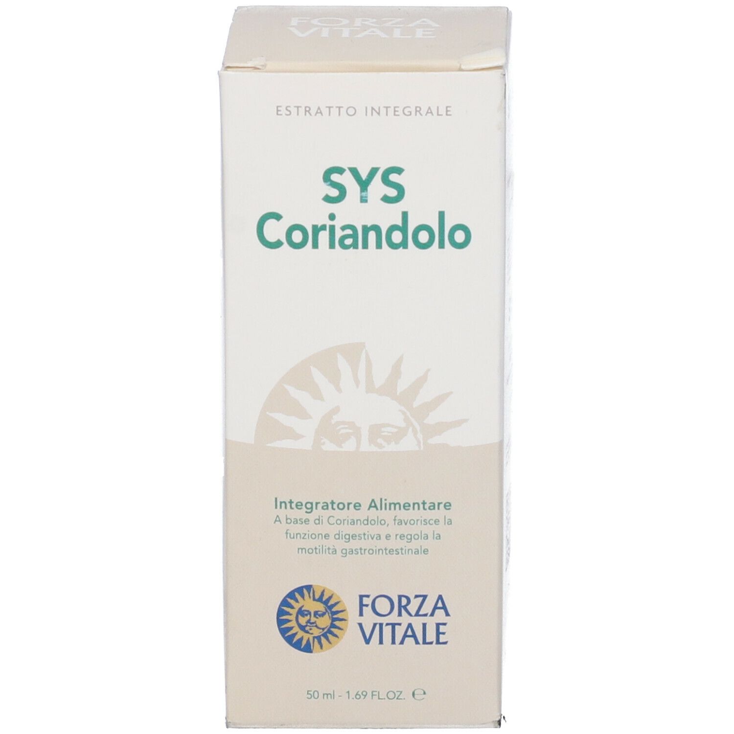 Scatola bianca con nome del prodotto e logo. Testo sopra il nome del prodotto. Design sole e logo.