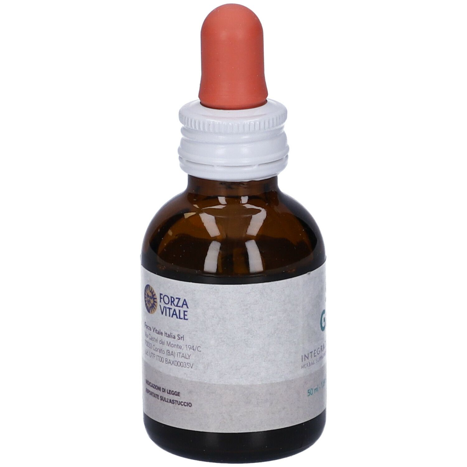 Flacone di vetro marrone con contagocce. Scritta SYS Galega, Integratore Alimentare. Marchio Forza Vitale. 50 ml.