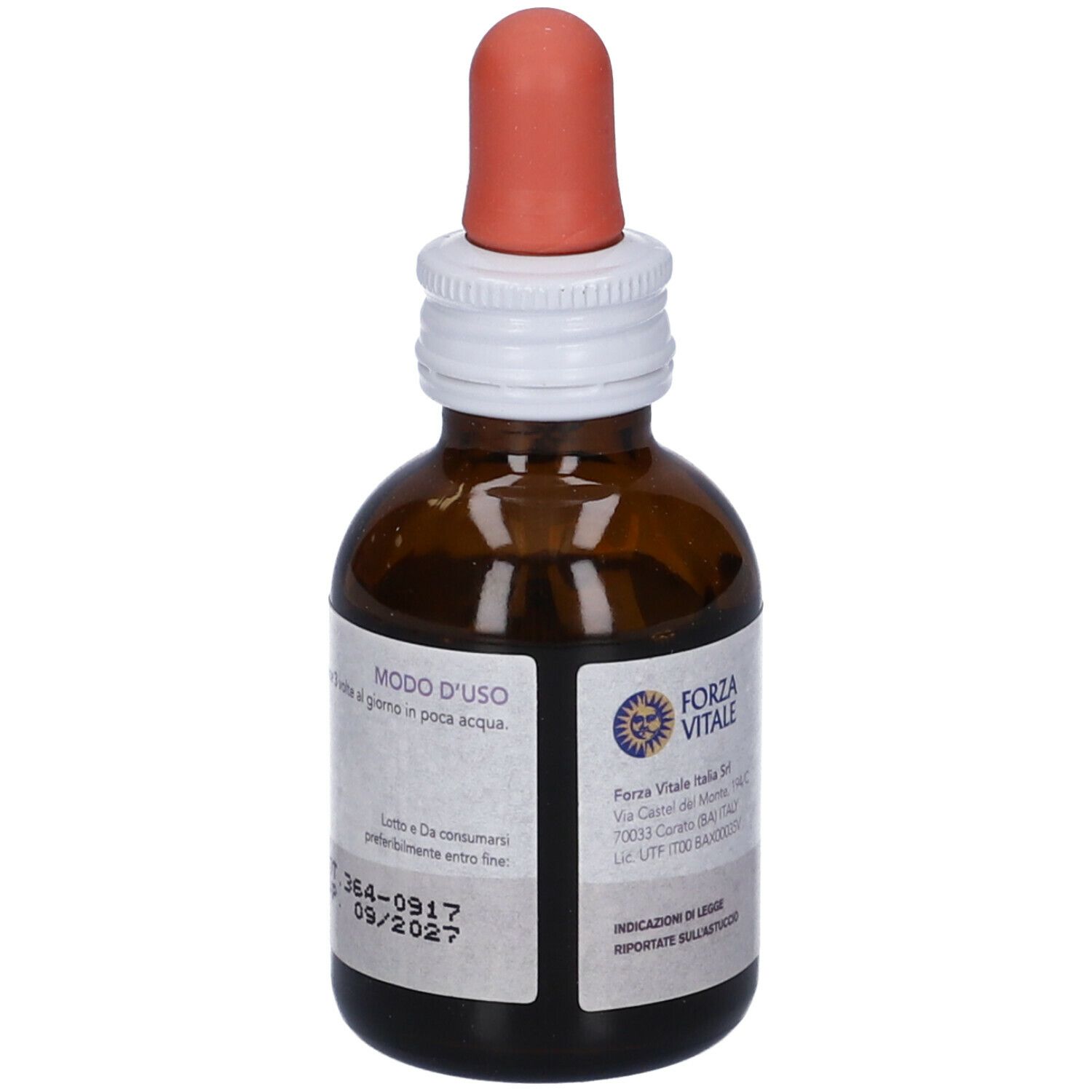 Flacone di vetro marrone con contagocce. Scritta SYS Galega, Integratore Alimentare. Marchio Forza Vitale. 50 ml.