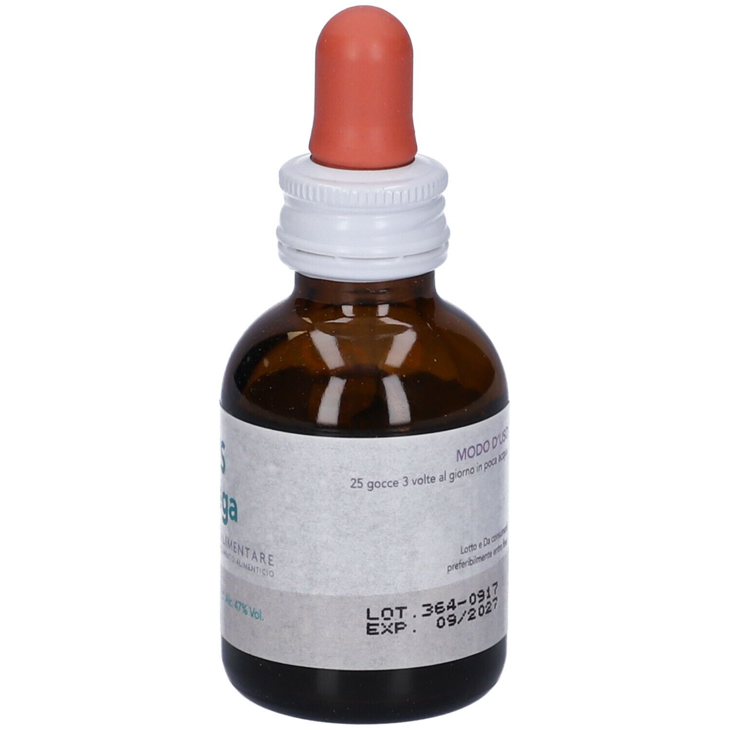 Flacone di vetro marrone con contagocce. Scritta SYS Galega, Integratore Alimentare. Marchio Forza Vitale. 50 ml.