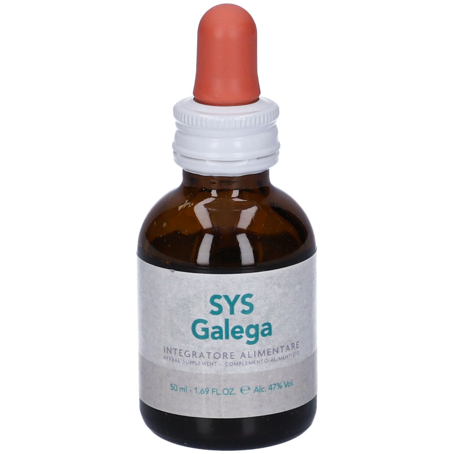 Flacone di vetro marrone con contagocce. Scritta SYS Galega, Integratore Alimentare. Marchio Forza Vitale. 50 ml.