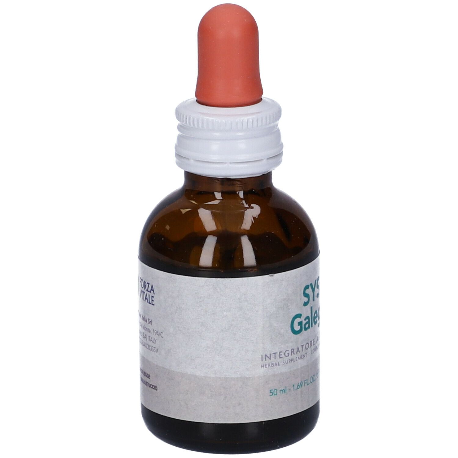 Flacone di vetro marrone con contagocce. Scritta SYS Galega, Integratore Alimentare. Marchio Forza Vitale. 50 ml.
