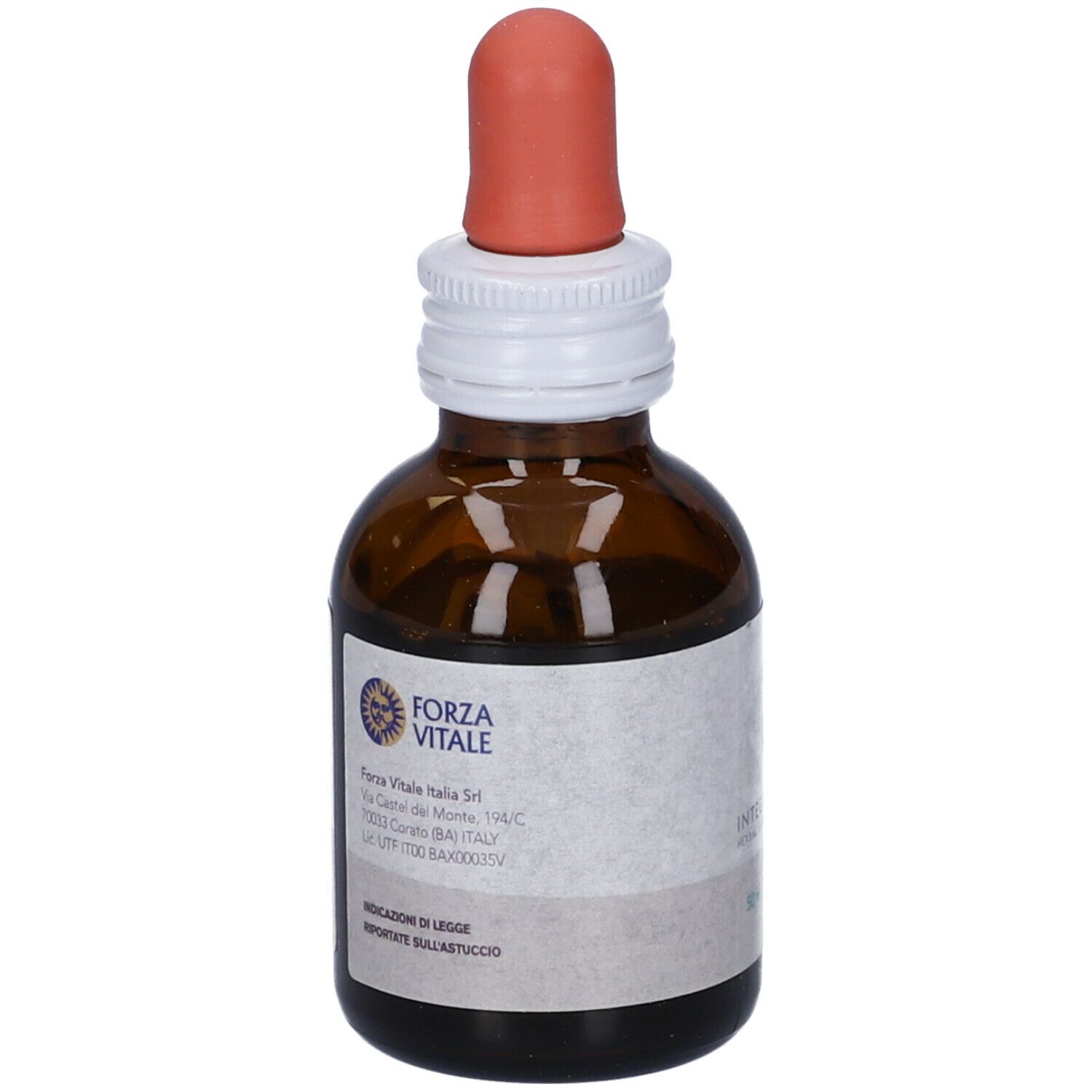 Flacone di vetro marrone con contagocce. Scritta SYS Galega, Integratore Alimentare. Marchio Forza Vitale. 50 ml.