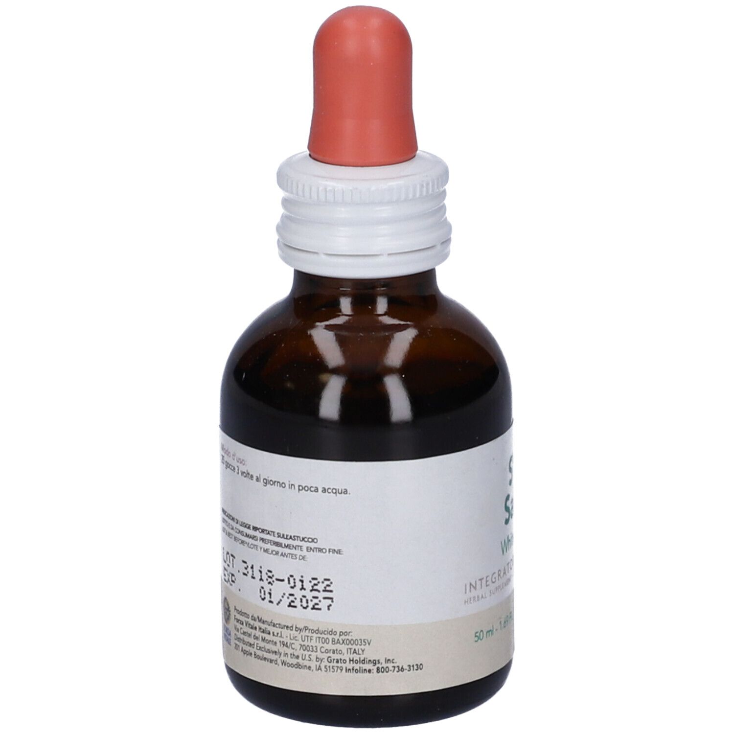 Flacone di vetro marrone con contagocce. Retro etichettato. Contiene informazioni e data di scadenza.