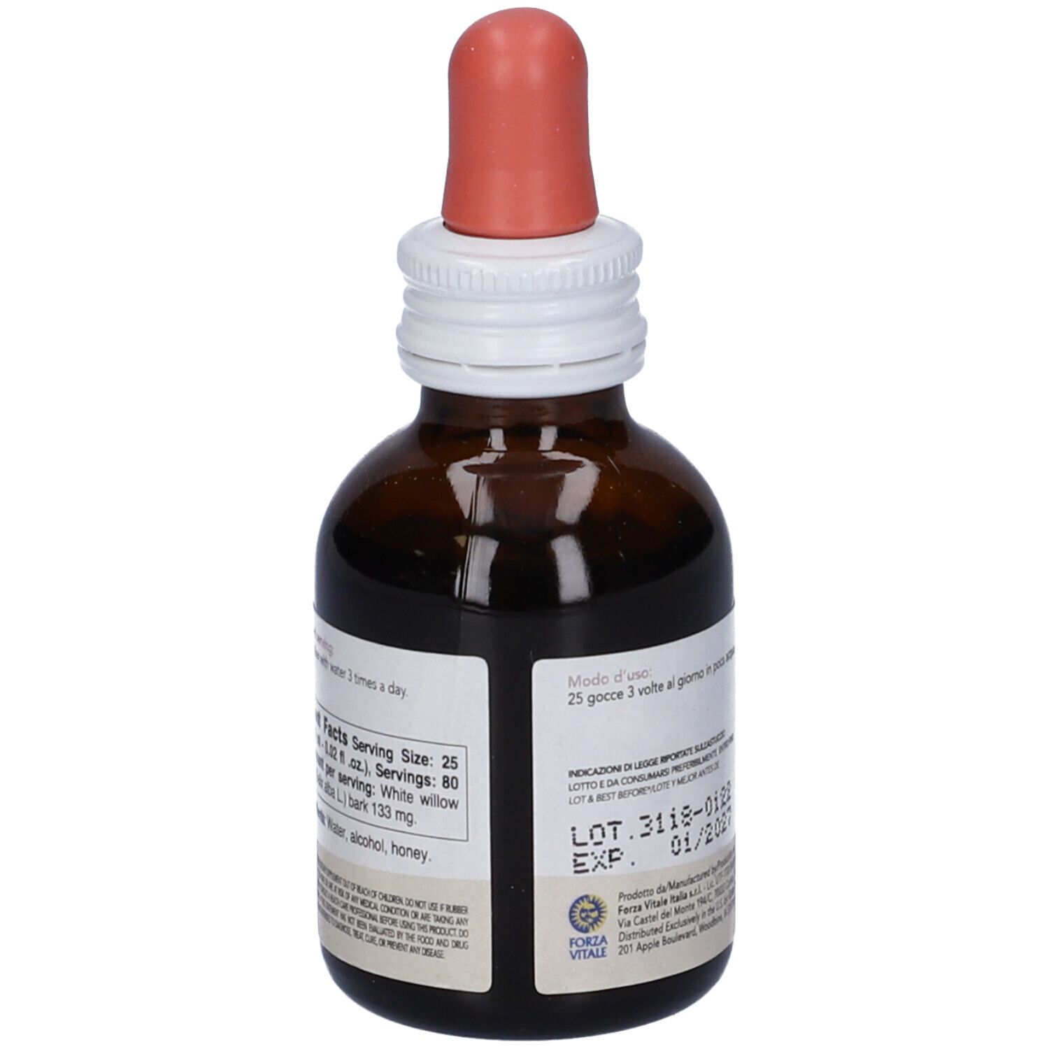 Flacone di vetro marrone con contagocce. Retro etichettato. Contiene informazioni sull'uso.