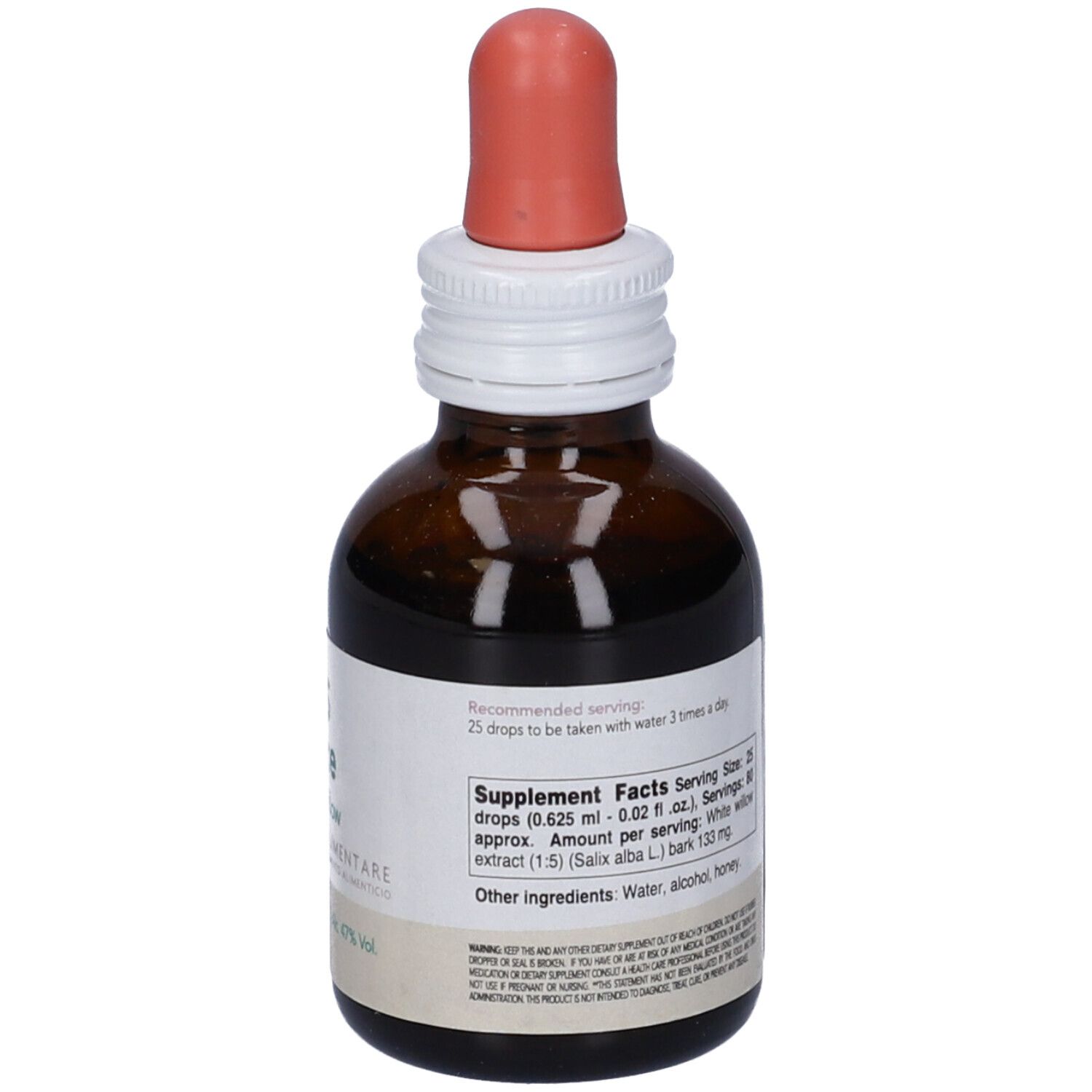 Flacone di vetro marrone con contagocce. Retro etichettato. Contiene informazioni nutrizionali e ingredienti.