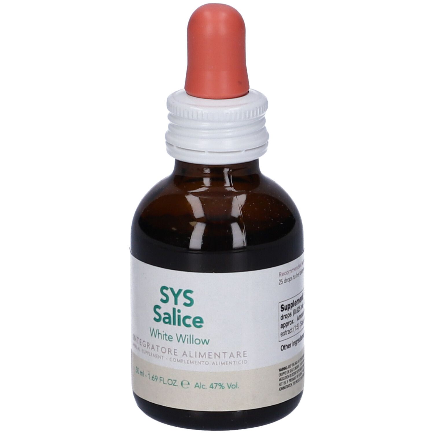 Flacone di vetro marrone con contagocce. Etichetta SYS Salice, White Willow. Integratore alimentare.