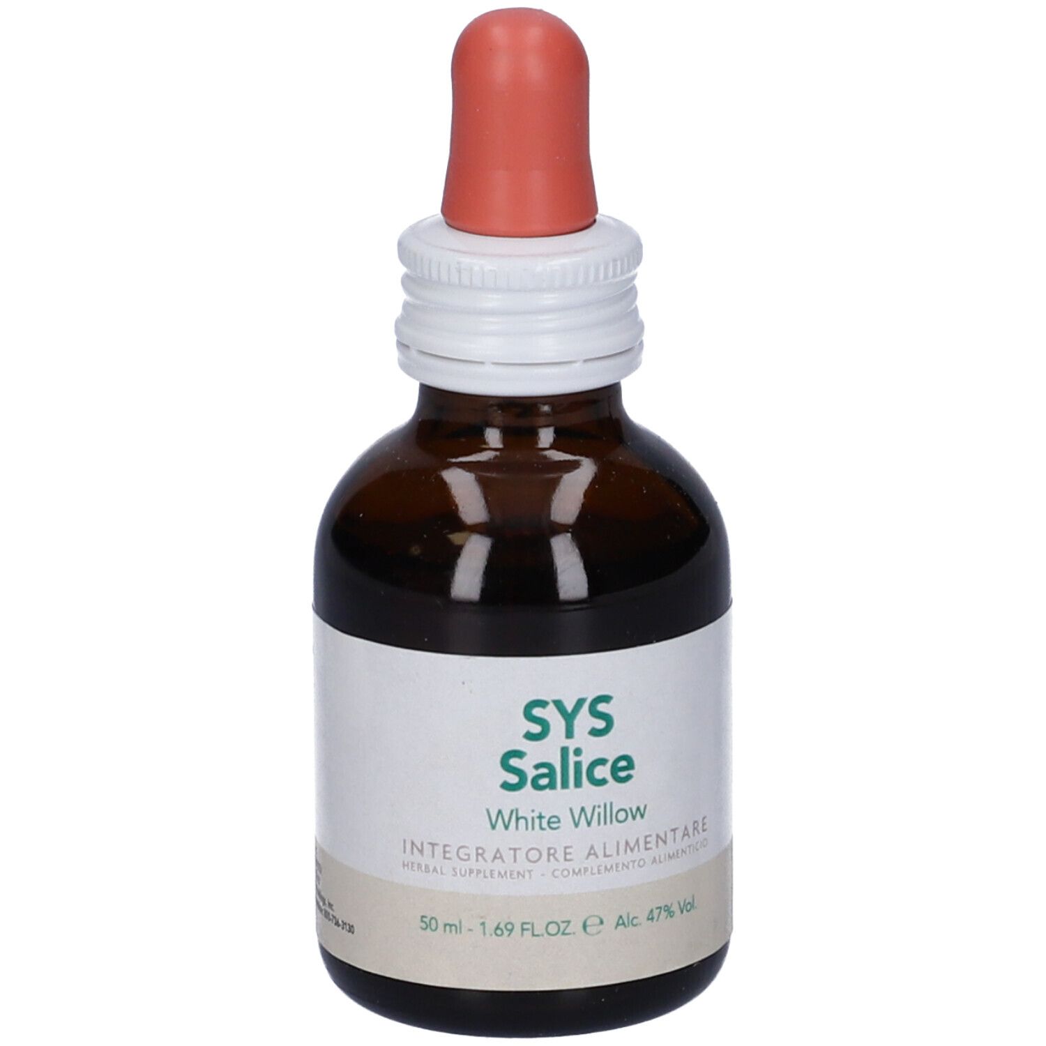 Flacone di vetro marrone con contagocce. Etichetta SYS Salice, White Willow. Integratore alimentare.