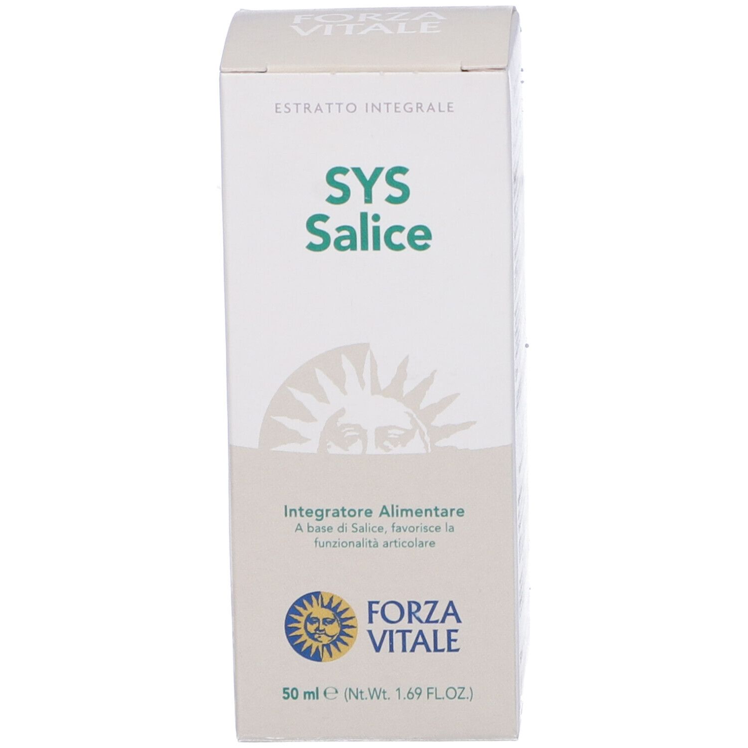 Scatola bianca con logo SYS Salice. Contiene integratore. Marchio Forza Vitale.