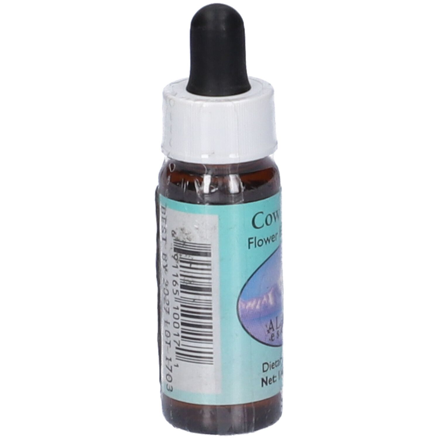 Flacone di vetro marrone con contagocce nero e tappo bianco. Etichetta con codice a barre e informazioni. Contenuto netto: 7,5 ml.