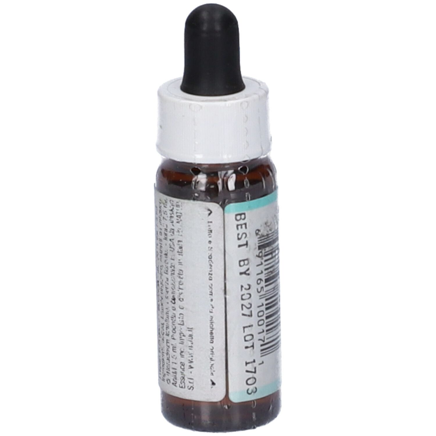 Flacone di vetro marrone con contagocce nero e tappo bianco. Etichetta con codice a barre e informazioni. Contenuto netto: 7,5 ml.