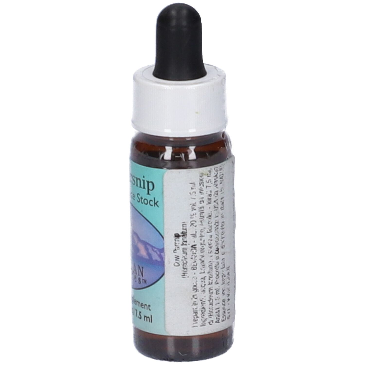 Flacone di vetro marrone con contagocce nero e tappo bianco. Etichetta con informazioni sul prodotto. Contenuto netto: 7,5 ml.