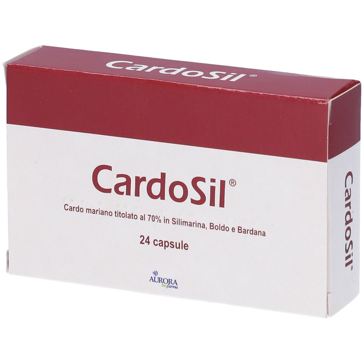 Scatola di capsule "CardoSil". Scritto: 24 capsule. Colori rosso e bianco. Marchio: Aurora.