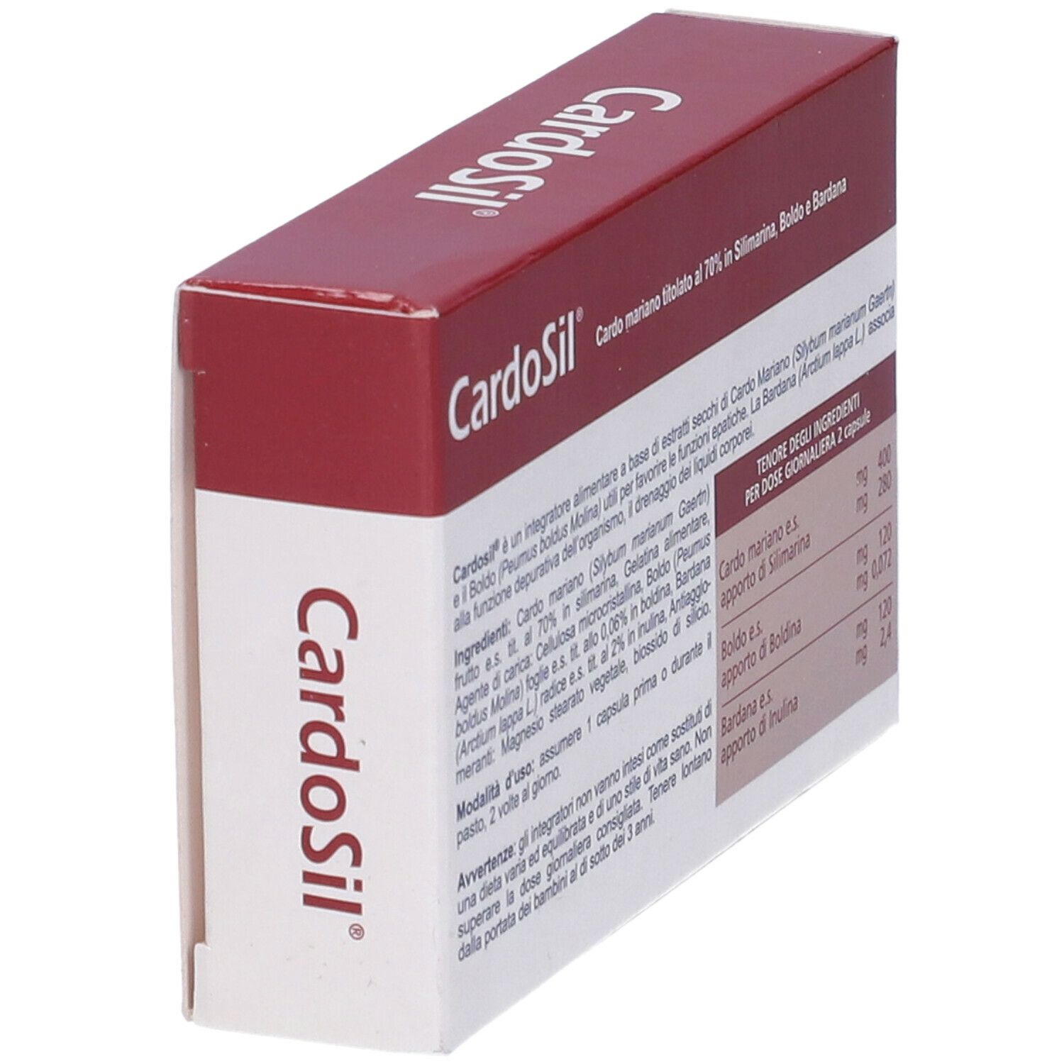 Vista laterale della scatola di capsule "CardoSil". Contiene informazioni sugli ingredienti e il dosaggio.