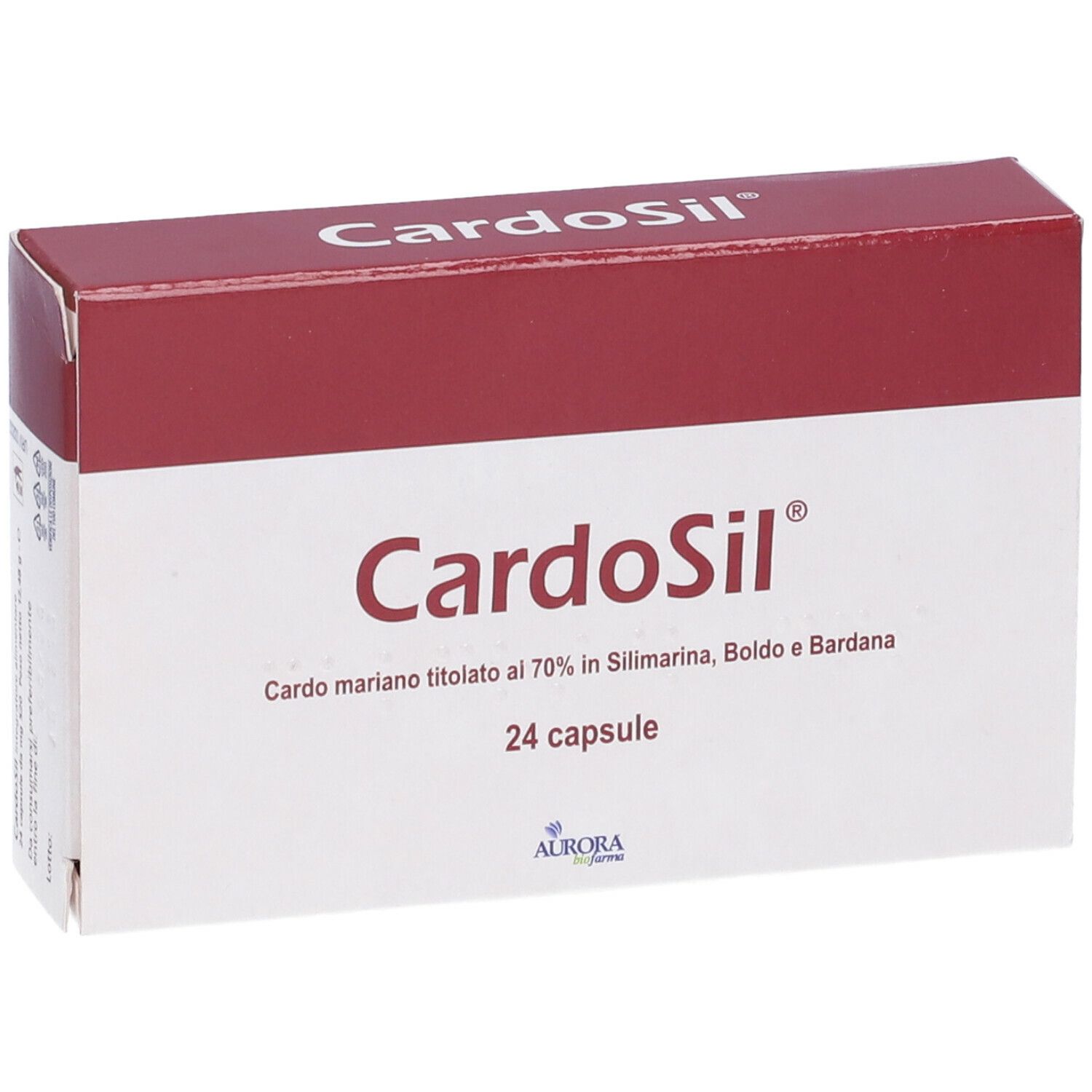 Scatola di capsule "CardoSil". Scritto: 24 capsule. Colori rosso e bianco. Marchio: Aurora.