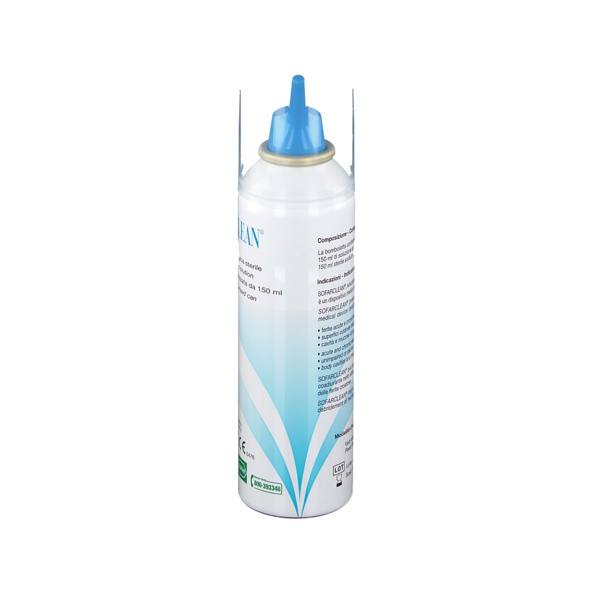 Flacone SOFARCLEAN®, retro. Testo: 150 ml pressurized can. Soluzione salina sterile. Dispositivo medico.