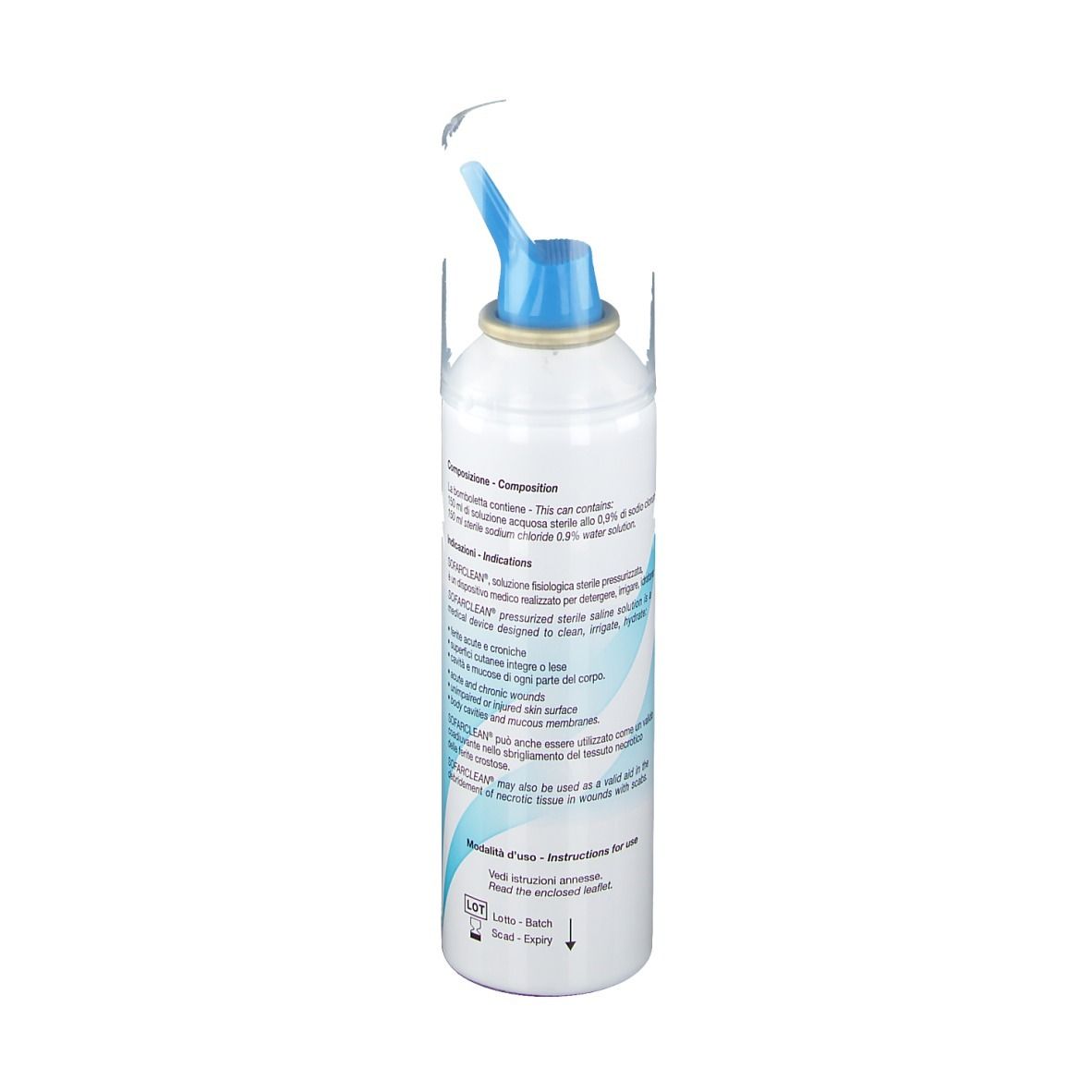 Flacone SOFARCLEAN®, retro. Testo e informazioni sull'uso. Dispositivo medico.